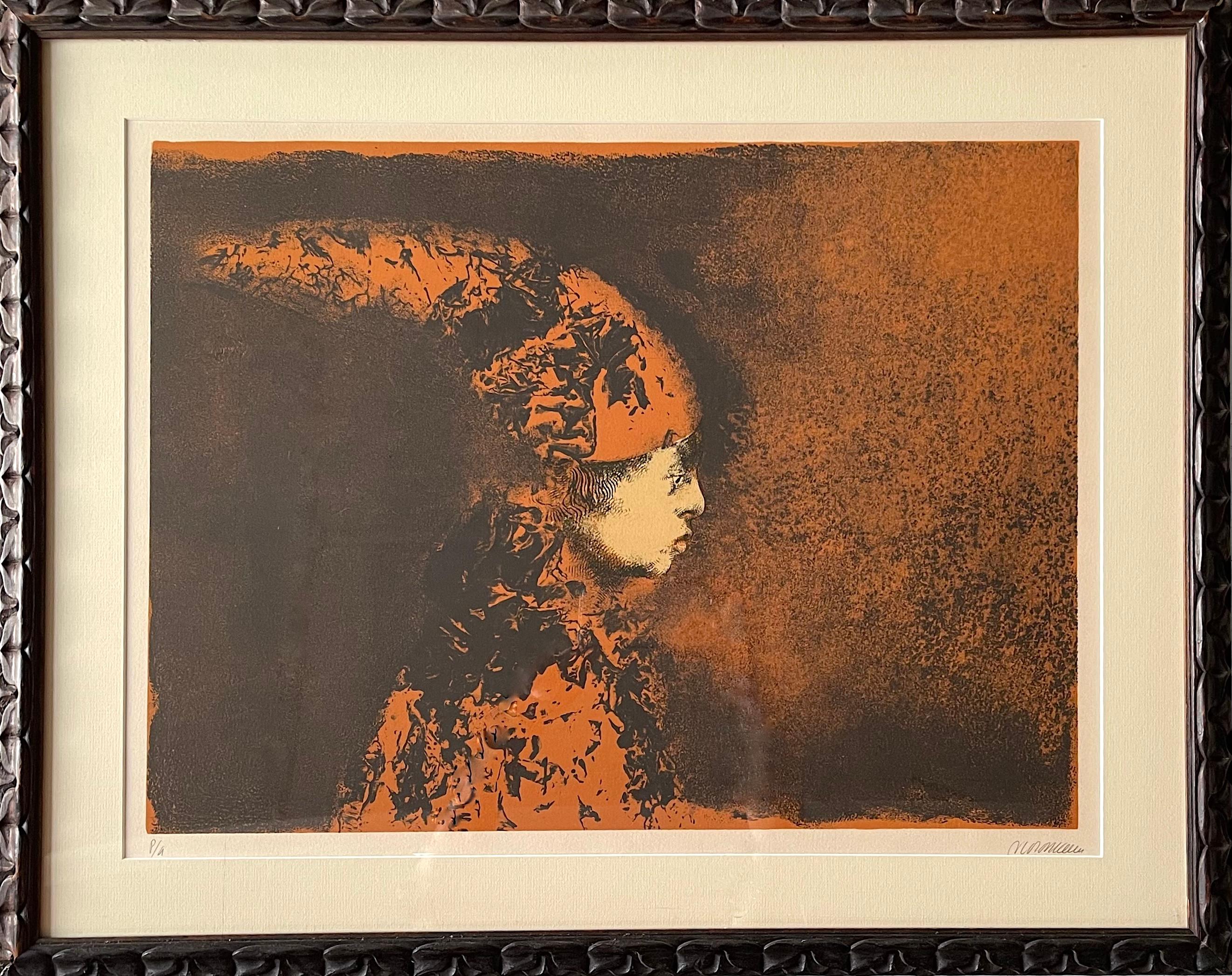 Niño Payaso, Original Stone Lithograph Portrait of Child Clown, 1973