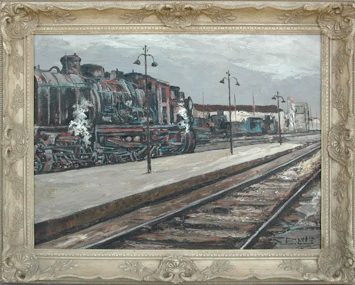 Maquina de Tren; Daroca Rafael; Spanish 1927; oil on canvas - Painting by Rafael Daroca