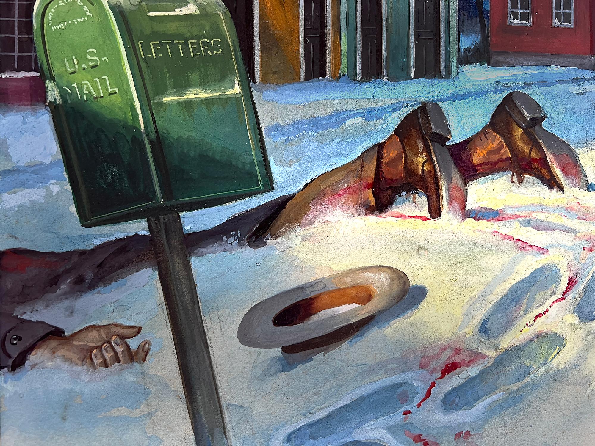 Magazine Noir Pulp, Homme mort dans la neige, Milieu du siècle, artiste hispanique d'art latin - Modernisme américain Painting par Rafael DeSoto