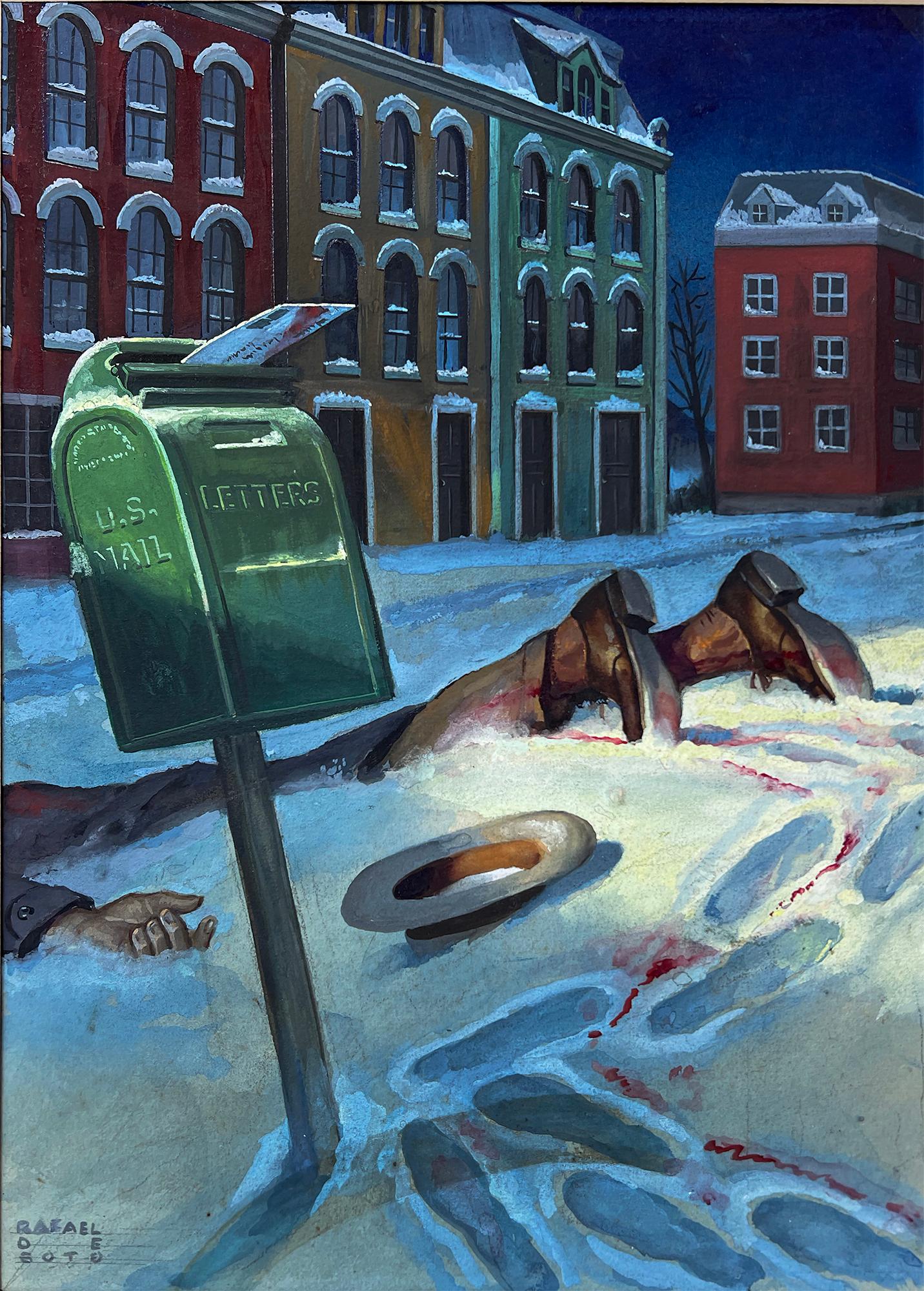 Noir Pulp Magazine, Dead Man in the Snow, Mid Century, Latin Art Hispanic Artist