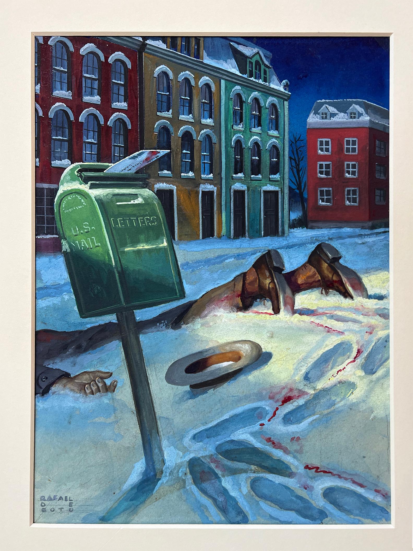 Noir Pulp Magazine, Dead Man in the Snow, Mid Century, Latin Art Hispanic Artist 1