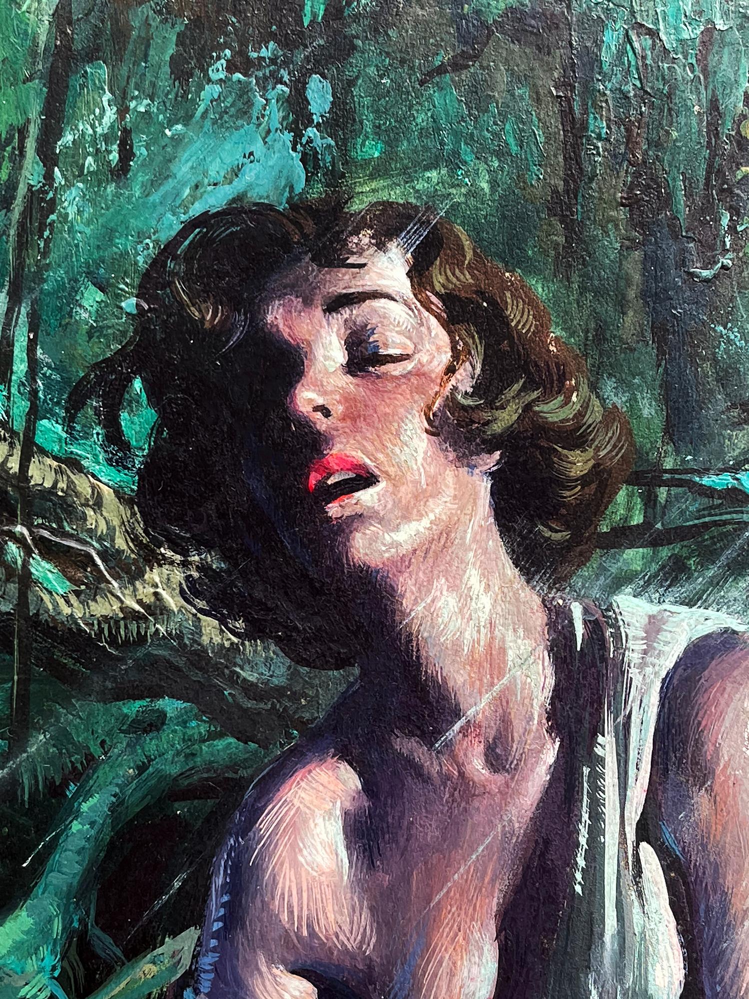 Sexy Woman in a Swamp  Storm - Pulp  Magazine,  Hispanic Artist, Mid Century  - Painting by Rafael DeSoto