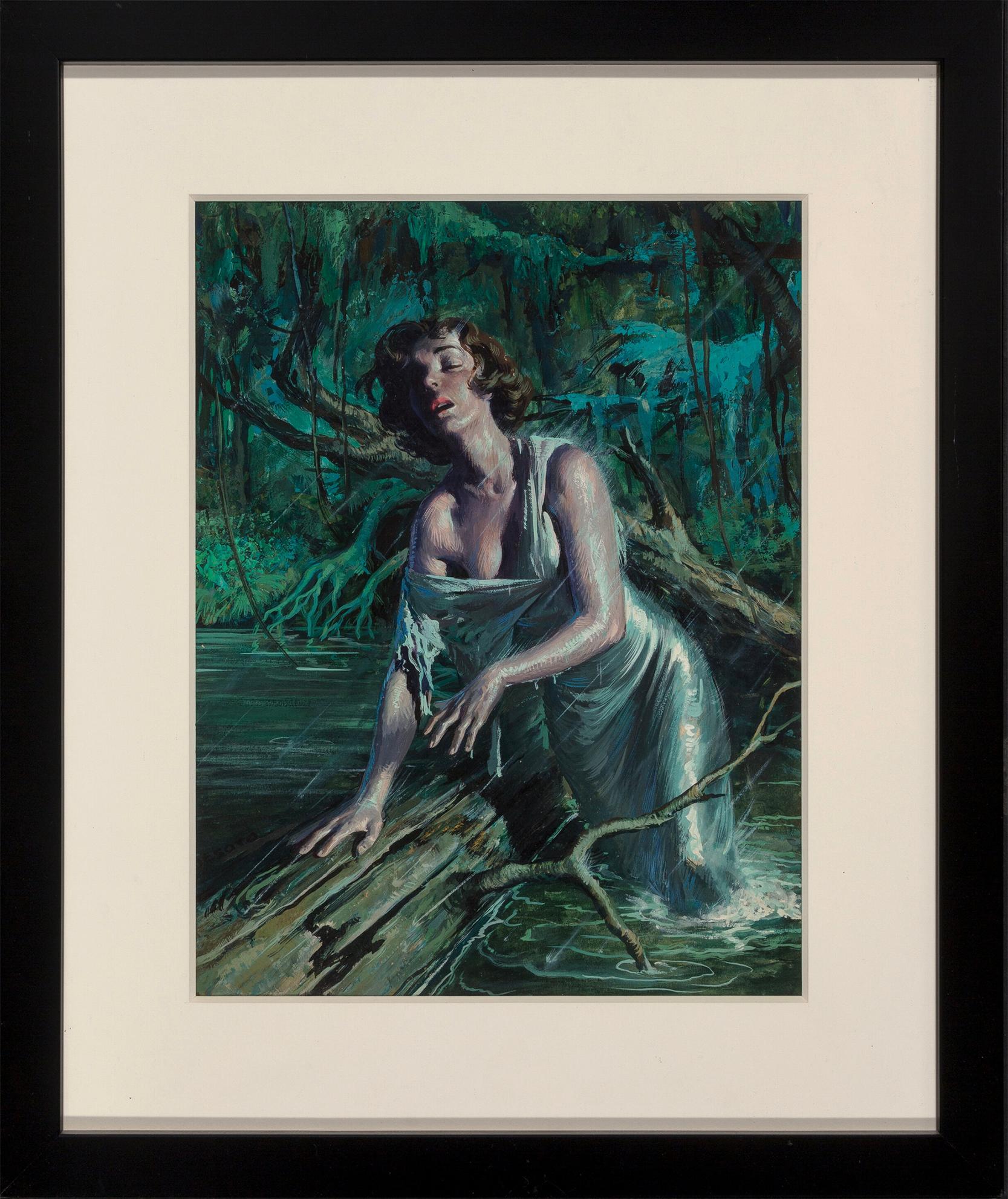 Sexy Woman in a Swamp  Storm - Pulp  Magazine,  Hispanic Artist, Mid Century  - Academic Painting by Rafael DeSoto