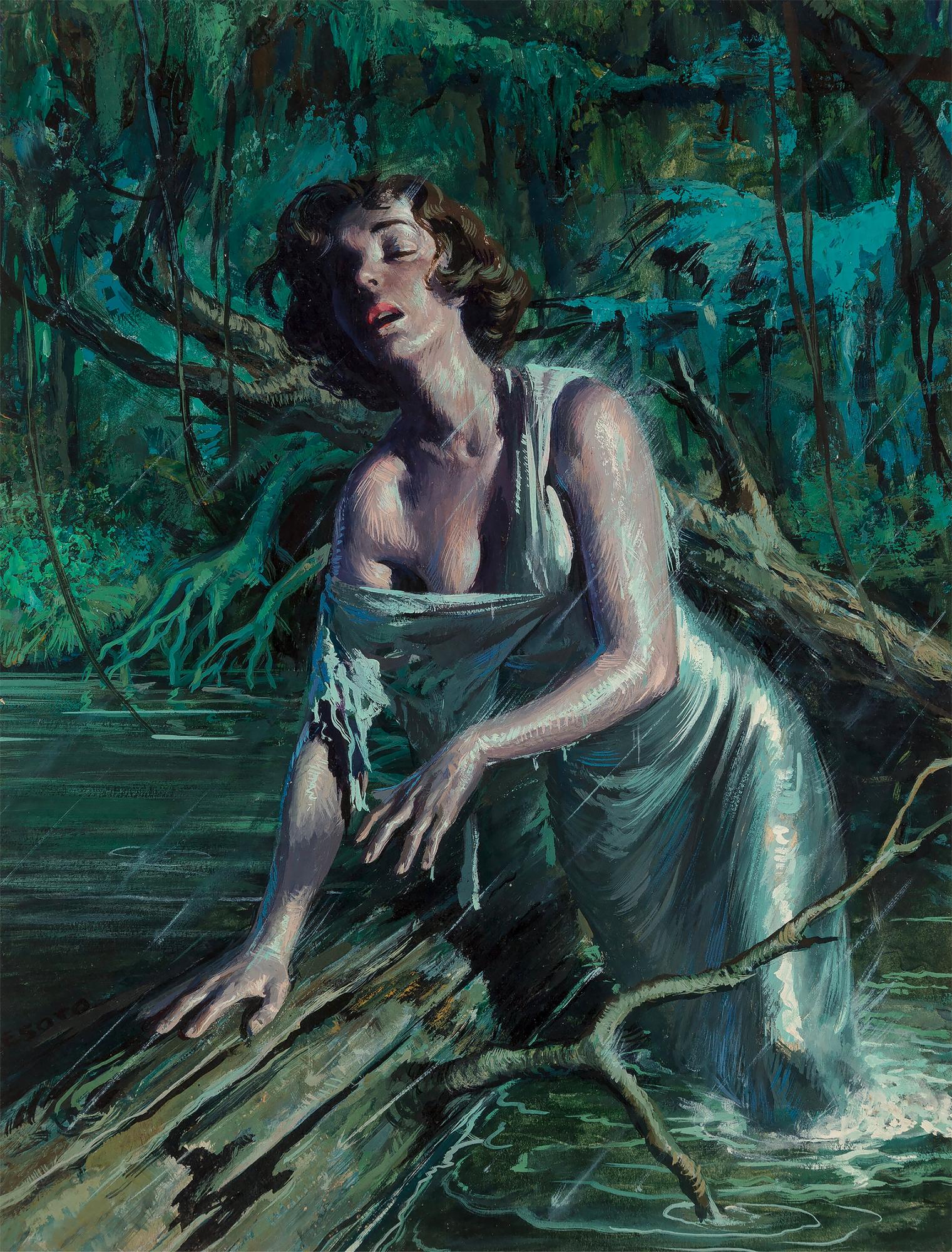 Sexy Woman in a Swamp (Femme sexy dans une grotte)  Storm - Pulp  Magazine,  Artiste hispanique, milieu du siècle dernier 