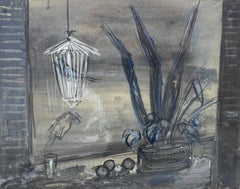 Poetisches Interieur mit Vogelkäfig und blauen Pflanzen, spanische moderne Kunst