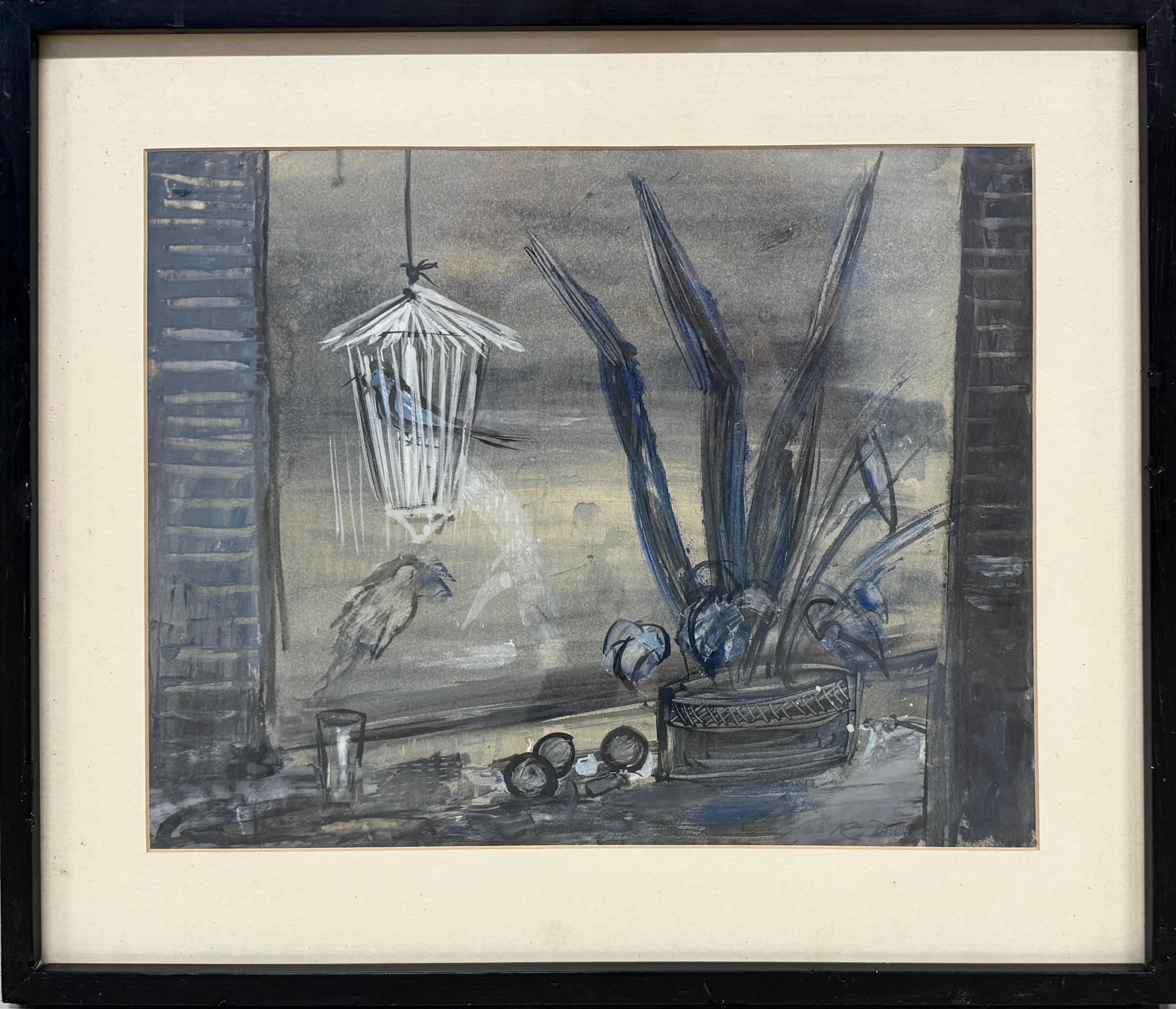 Poetisches Interieur mit Vogelkäfig und blauen Pflanzen, spanische moderne Kunst – Mixed Media Art von Rafael Duran Benet
