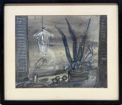 Poetisches Interieur mit Vogelkäfig und blauen Pflanzen, spanische moderne Kunst