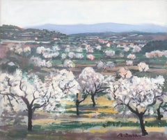 Vintage almond trees in bloom Spain oil painting spanish landscape