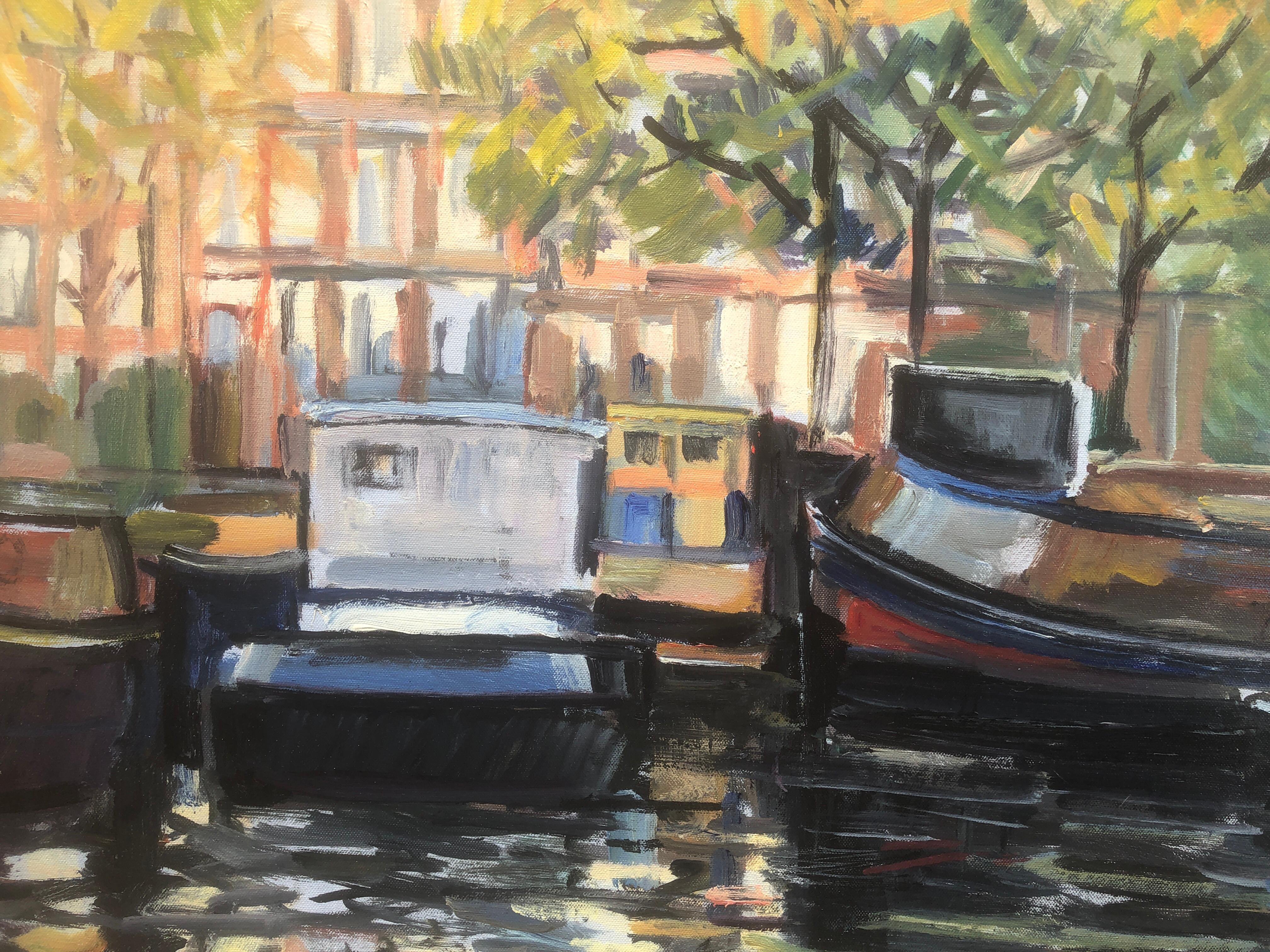 Canaux d'Amsterdam peinture à l'huile paysage urbain paysage marin en vente 3