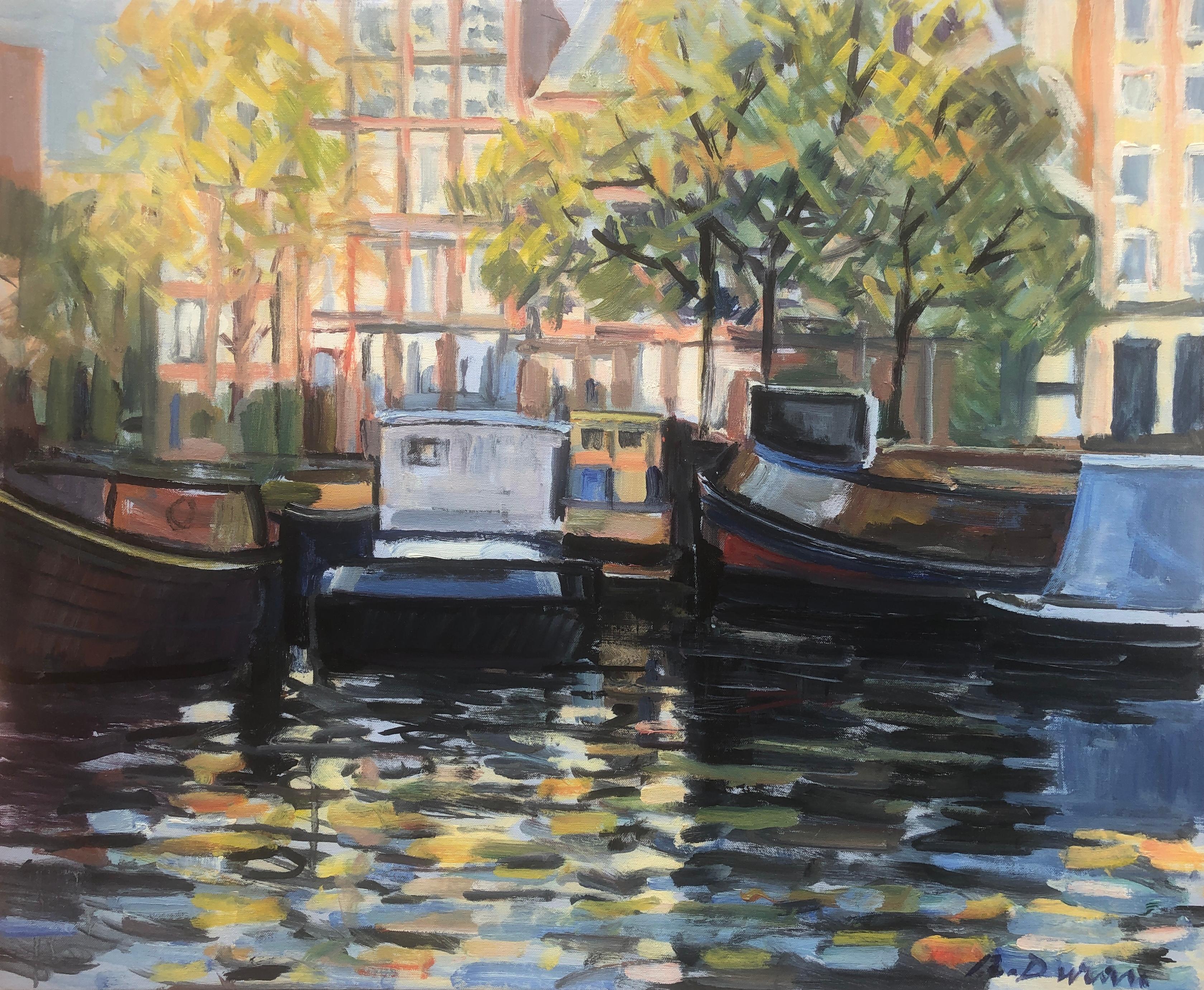 Rafael Duran Benet Landscape Painting - Amsterdam canals oil painting landscape urbanscape seascape