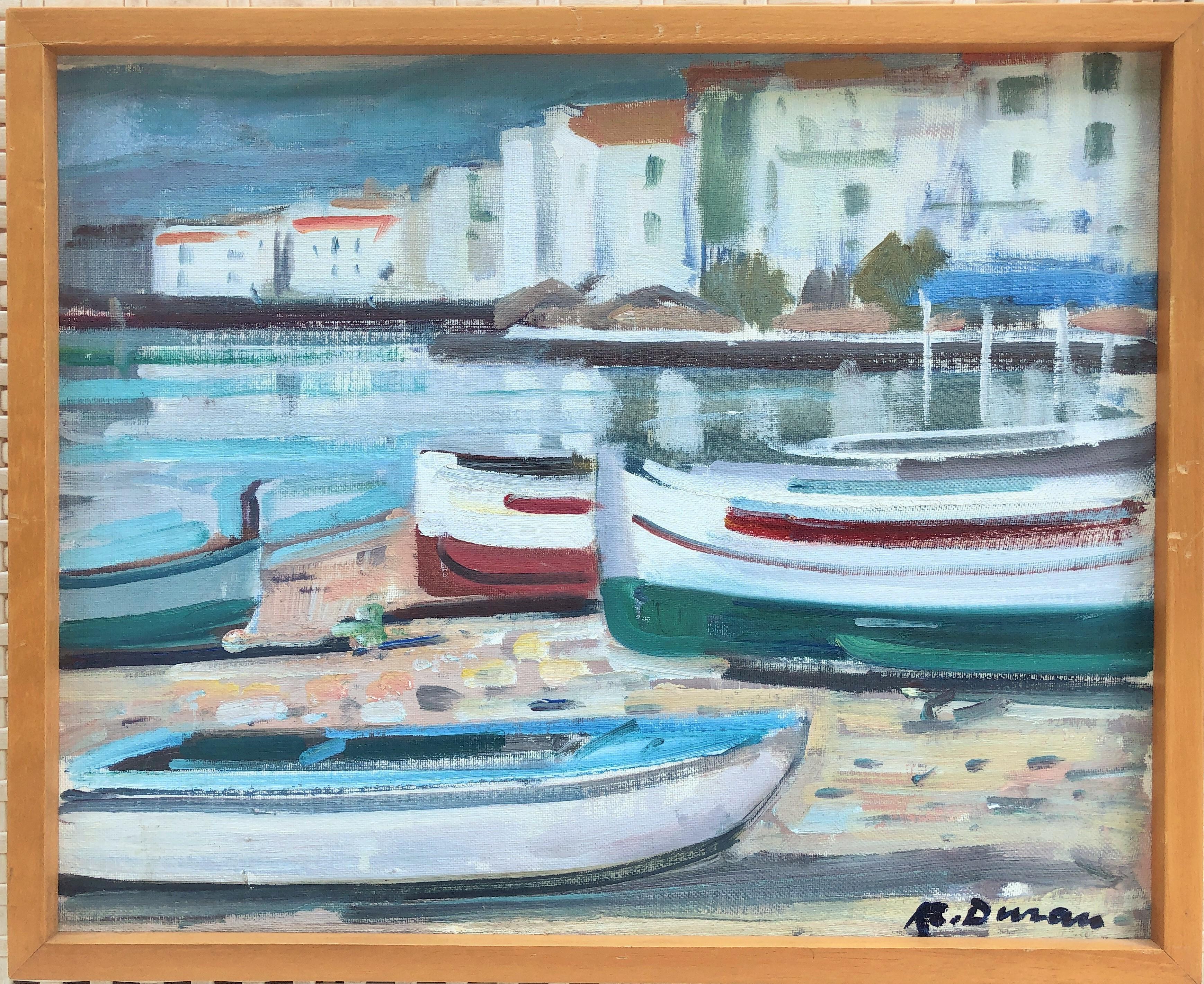 Boats in Cadaques Spain oil painting spanish seascape - Painting by Rafael Duran Benet