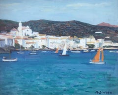 Retro Cadaques Spain Landscape oil painting seascape