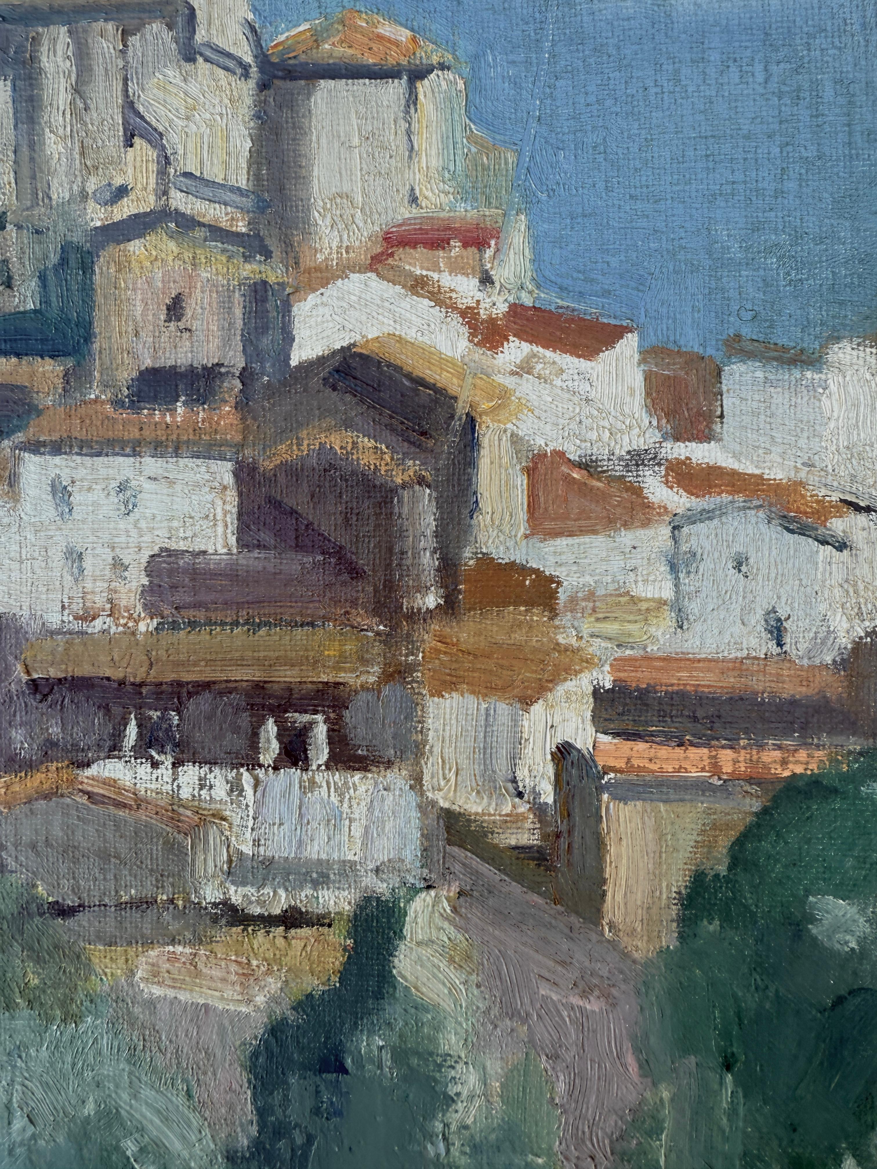 Cadaques Spagna pittura ad olio paesaggio marino arte mediterranea - Landscape Painting Blu di Rafael Duran Benet