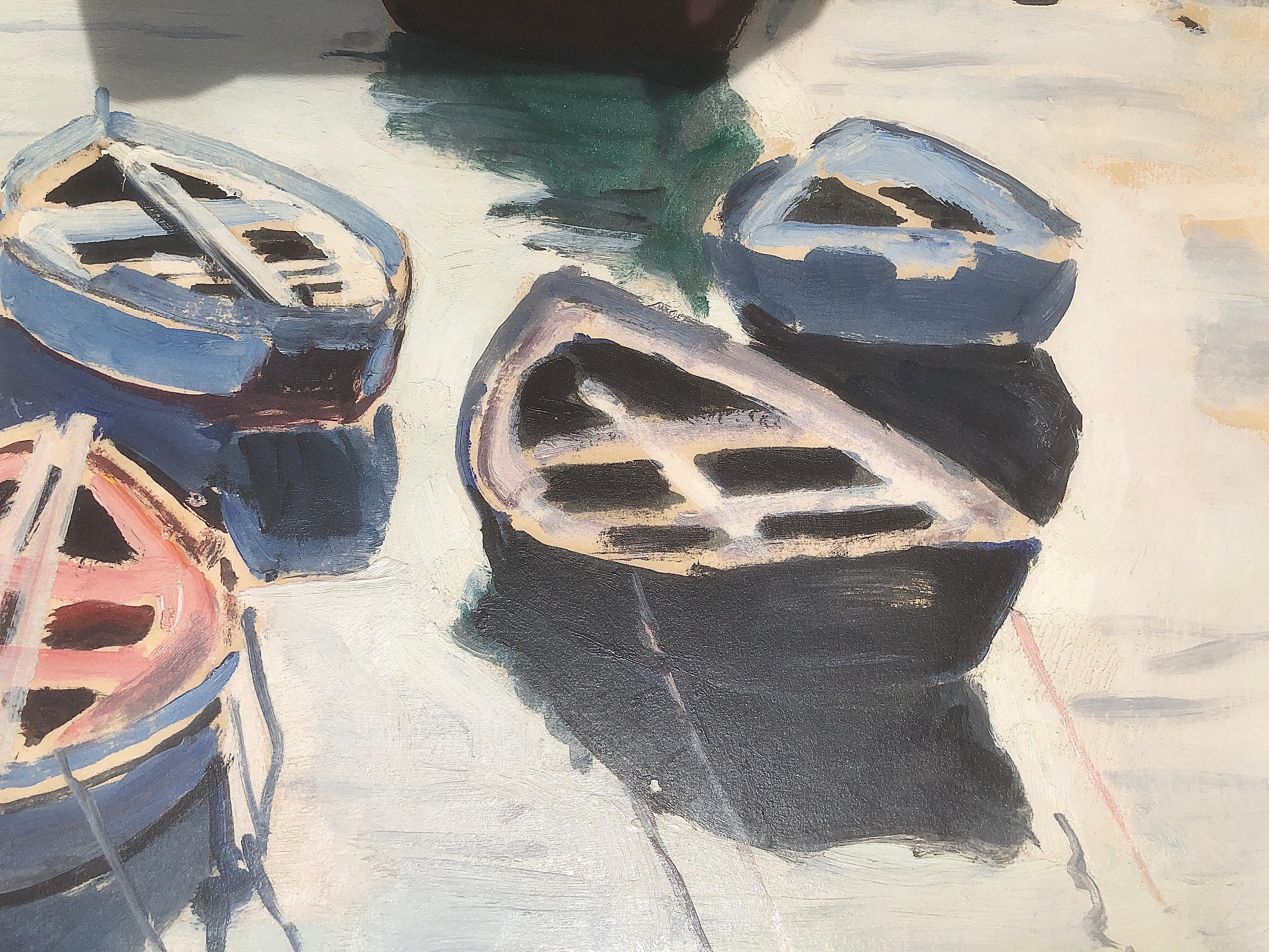 Fischer Hafen Spanien, Ölgemälde auf Karton, spanische Meereslandschaft, mediterrane (Post-Impressionismus), Painting, von Rafael Duran Benet