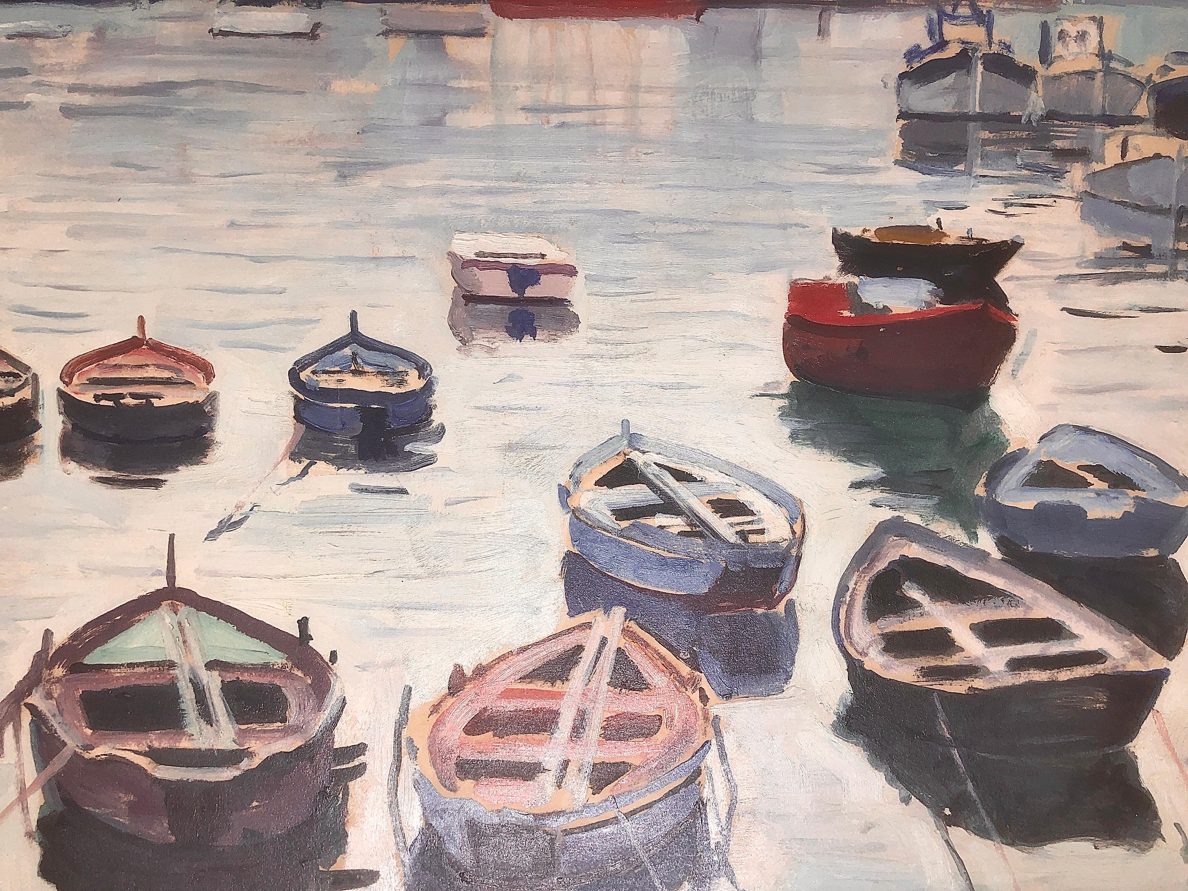 Peinture à l'huile sur toile - Paysage marin espagnol de pêcheurs - Paysage méditerranéen en vente 2