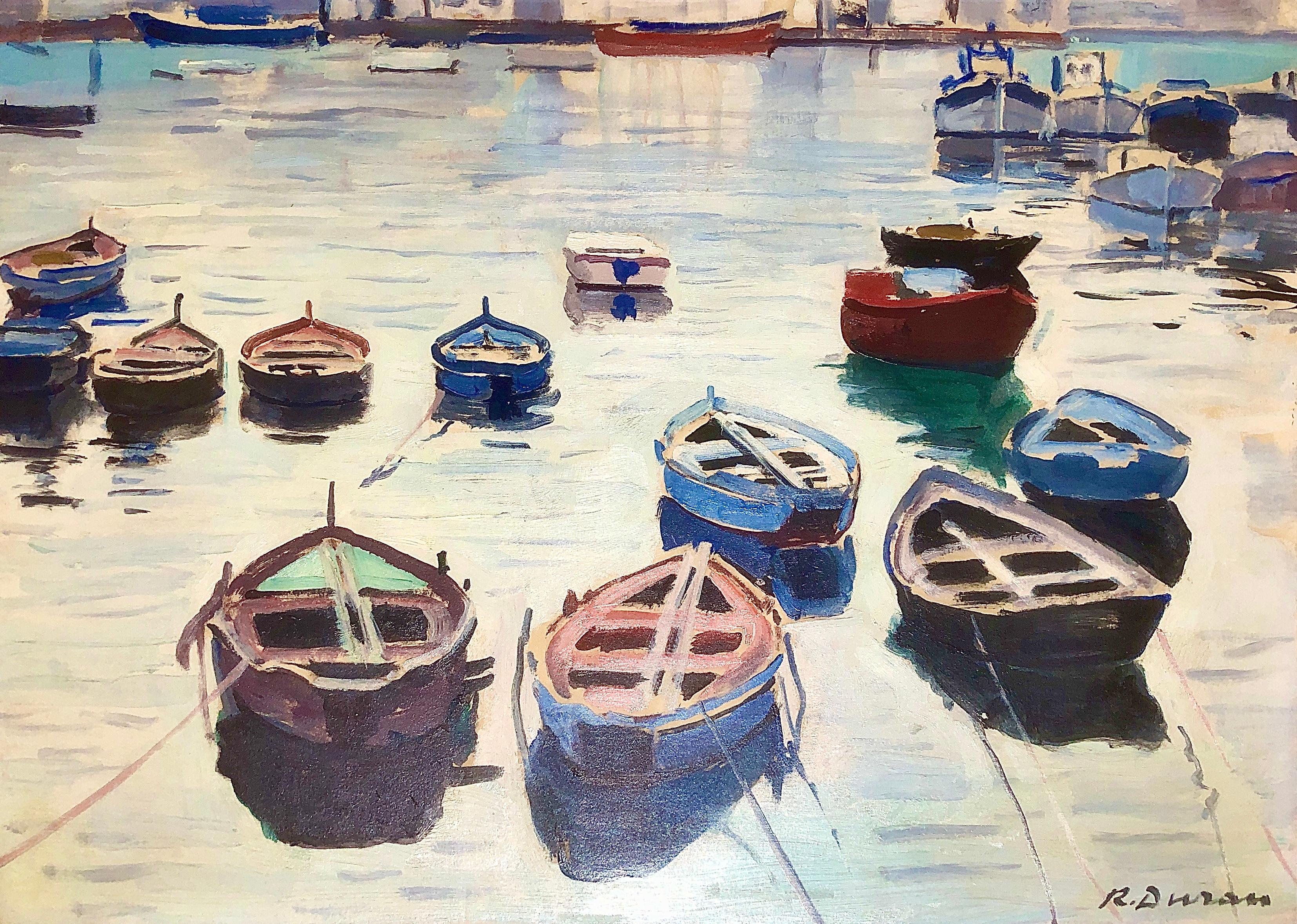 Rafael Duran Benet Landscape Painting – Fischer Hafen Spanien, Ölgemälde auf Karton, spanische Meereslandschaft, mediterrane