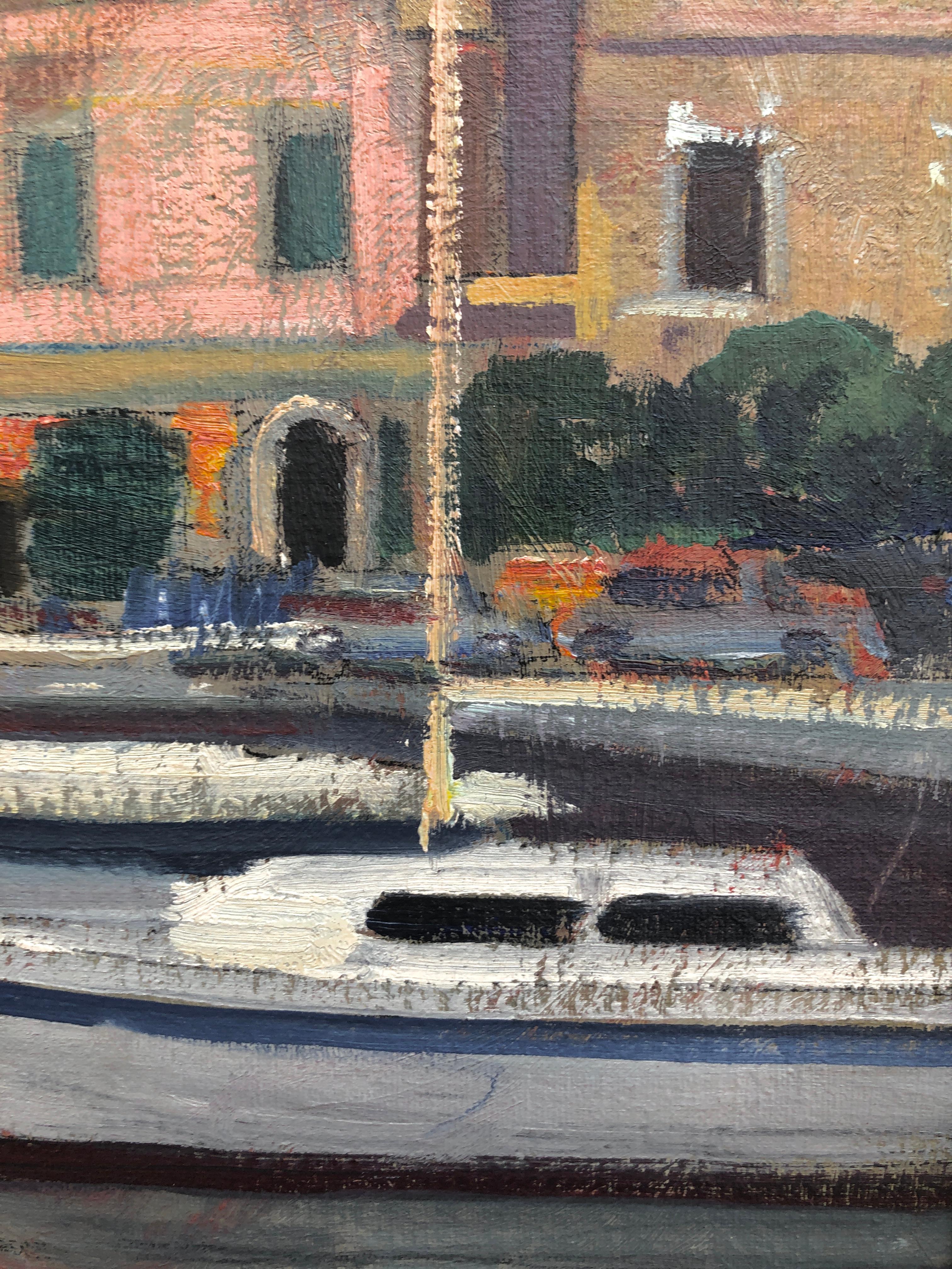 Italien Garda See Italien Ölgemälde europäische Kunst Meereslandschaft Stadtlandschaft (Grau), Landscape Painting, von Rafael Duran Benet