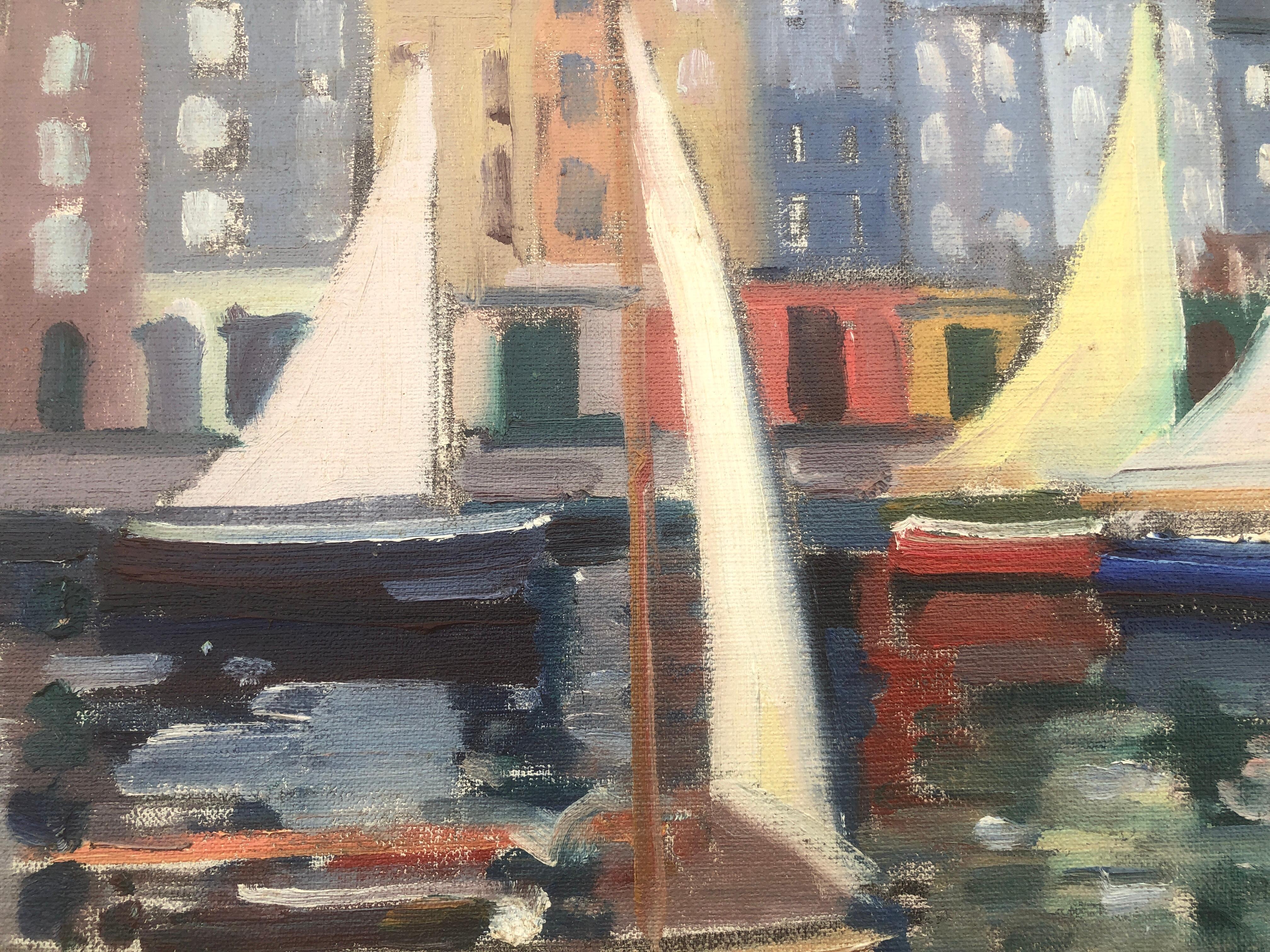 Honfleur France huile sur toile peinture paysage marin paysage urbain - Post-impressionnisme Painting par Rafael Duran Benet