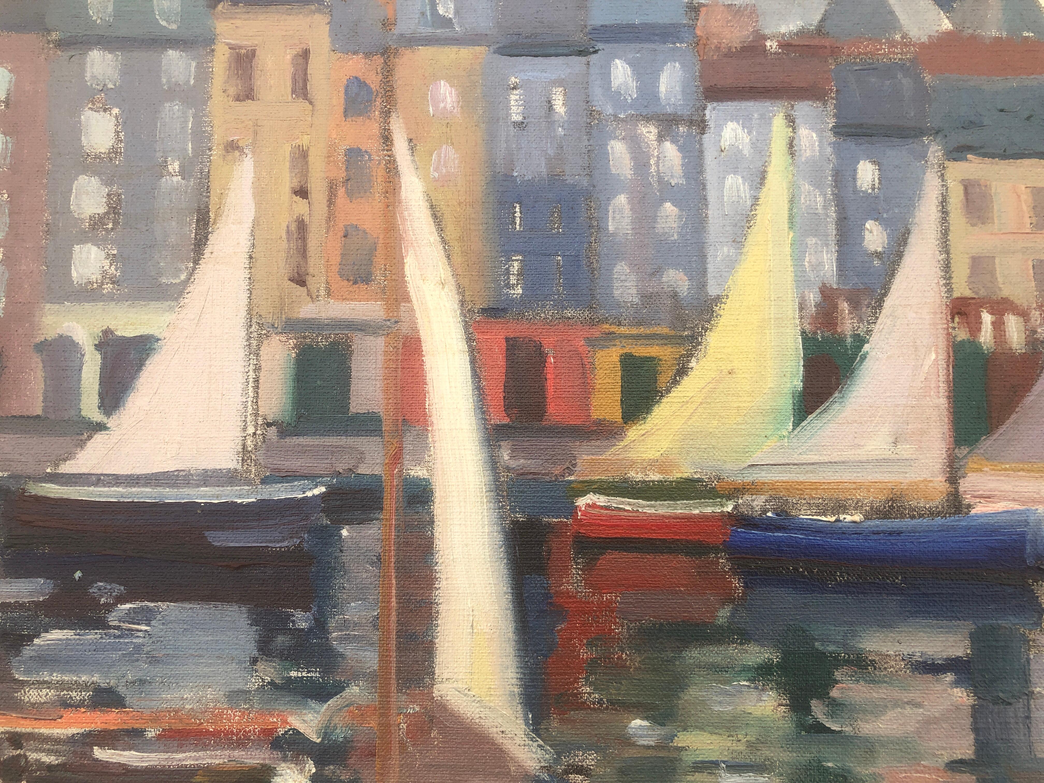 Honfleur France oil on canvas painting french seascape urbanscape For Sale 3