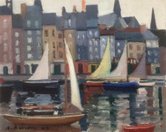 Vintage Honfleur France oil on canvas painting french seascape urbanscape