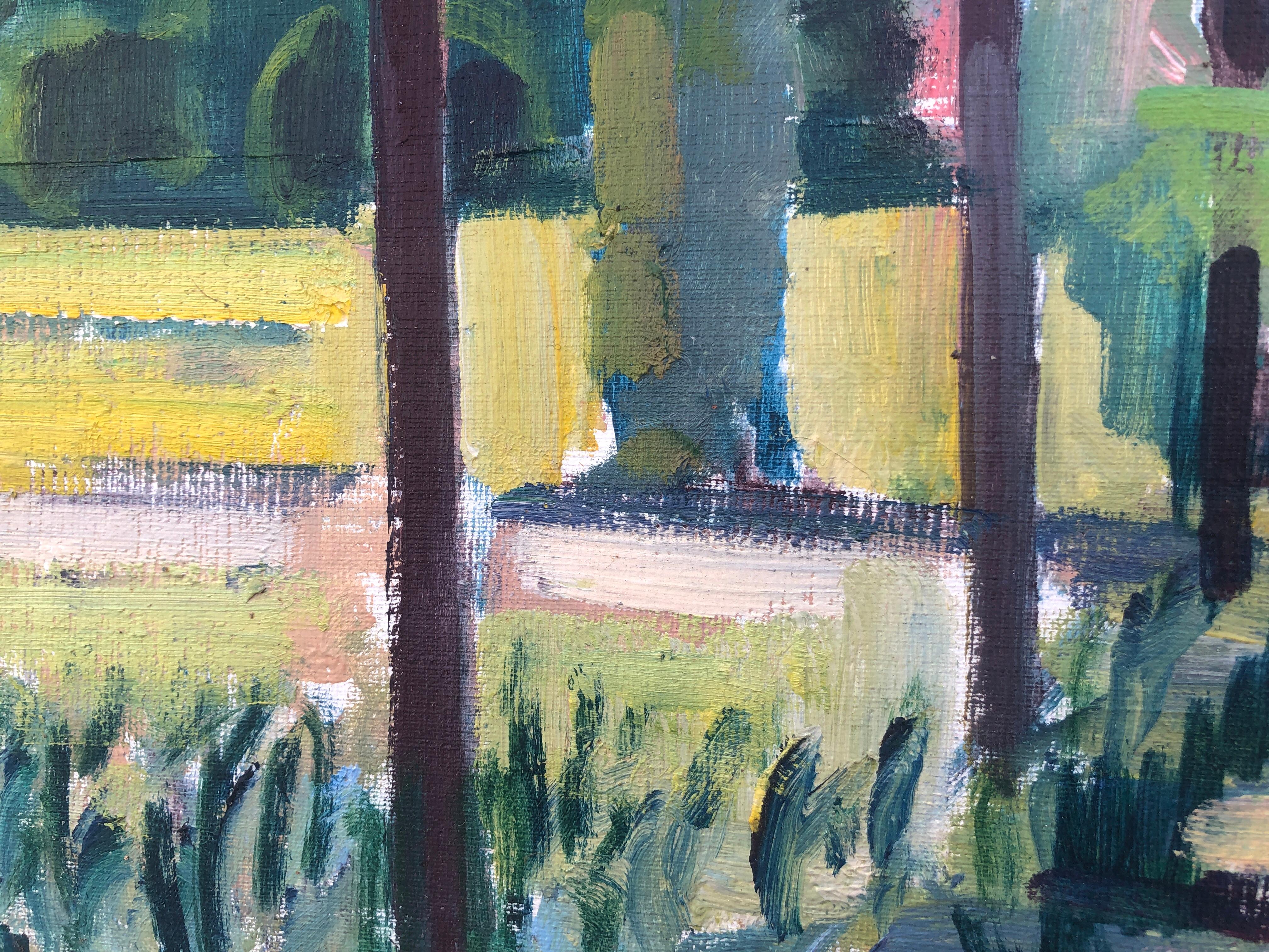 Pittura ad olio di un paesaggio mediterraneo attraverso la luce dei pergolati in vendita 1