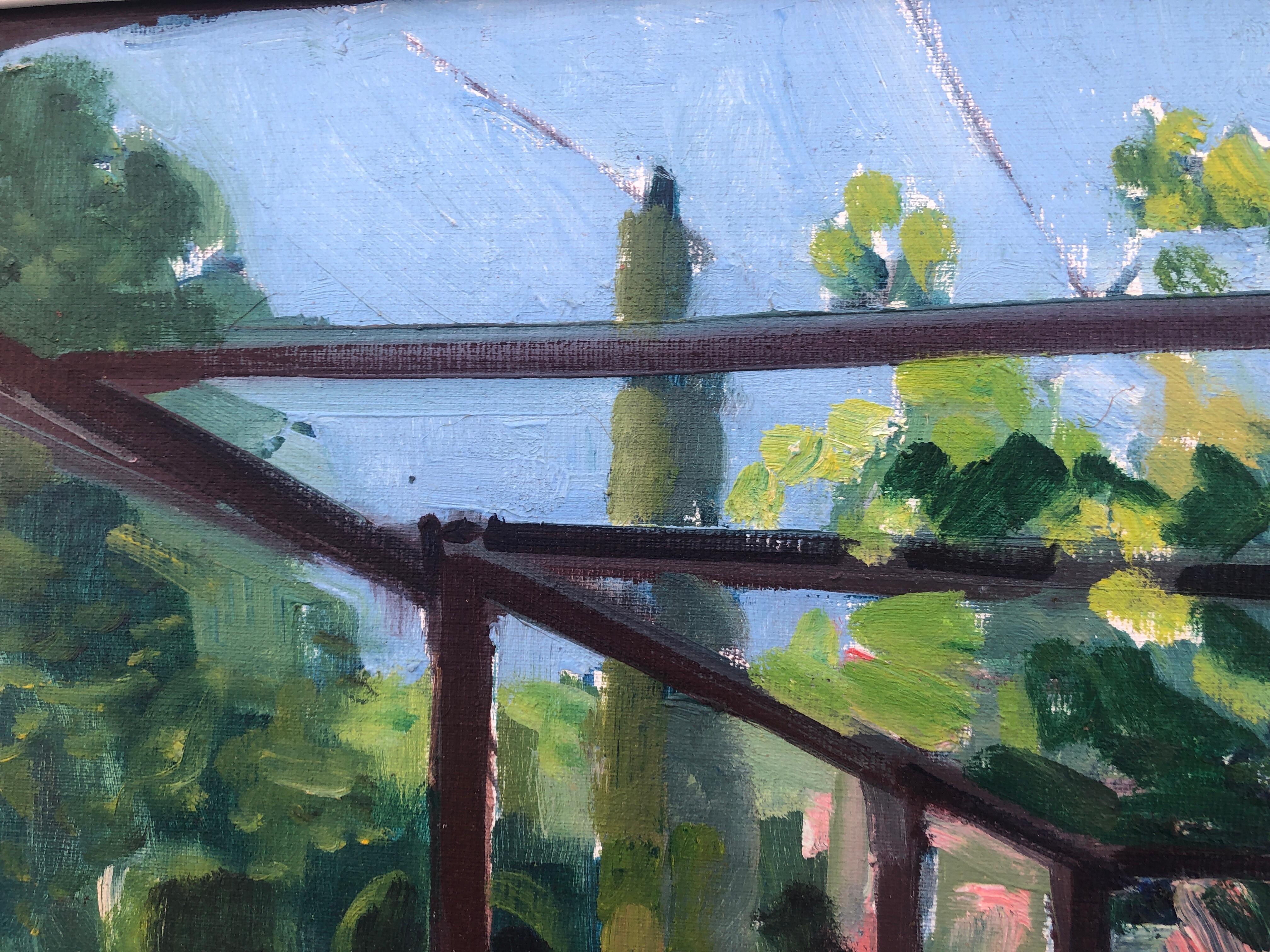 Pittura ad olio di un paesaggio mediterraneo attraverso la luce dei pergolati in vendita 2