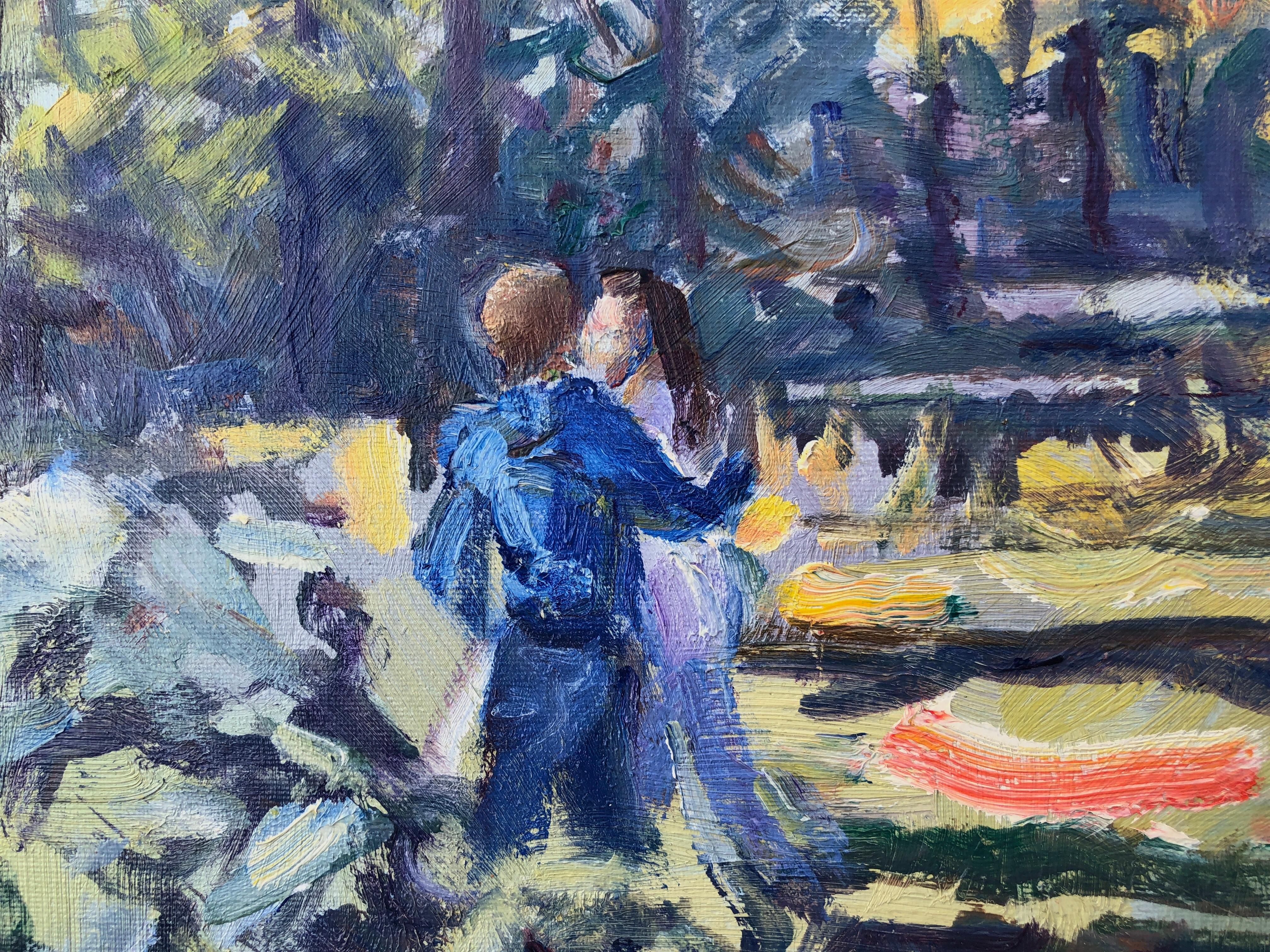 Lovers in the forest oil painting european art landscape - Gray Landscape Painting by Rafael Duran Benet