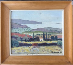 Paesaggio mediterraneo con fattoria e cipressi dipinto a olio