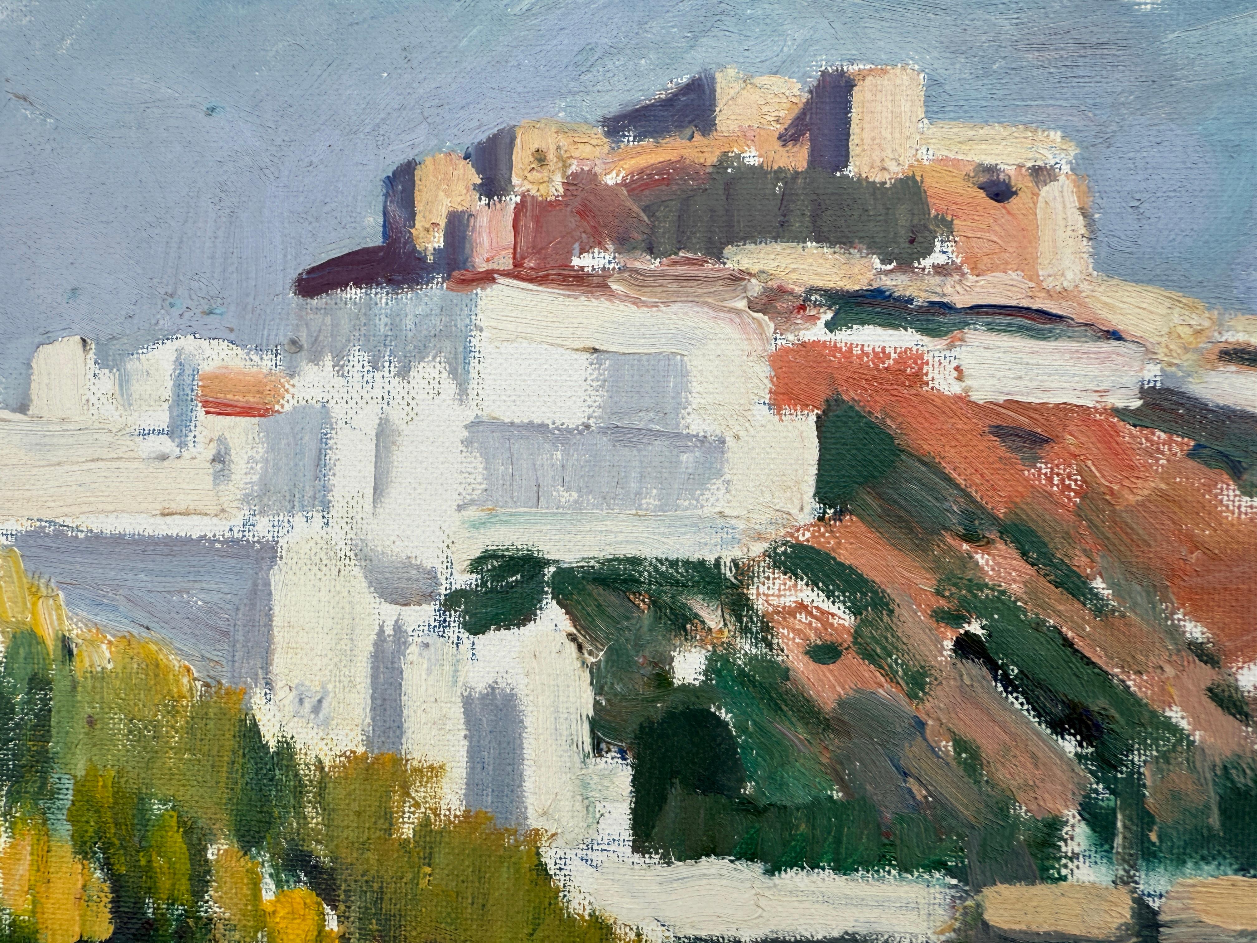 Mediterranes Dorf, Ölgemälde, spanische Landschaft (Grau), Landscape Painting, von Rafael Duran Benet