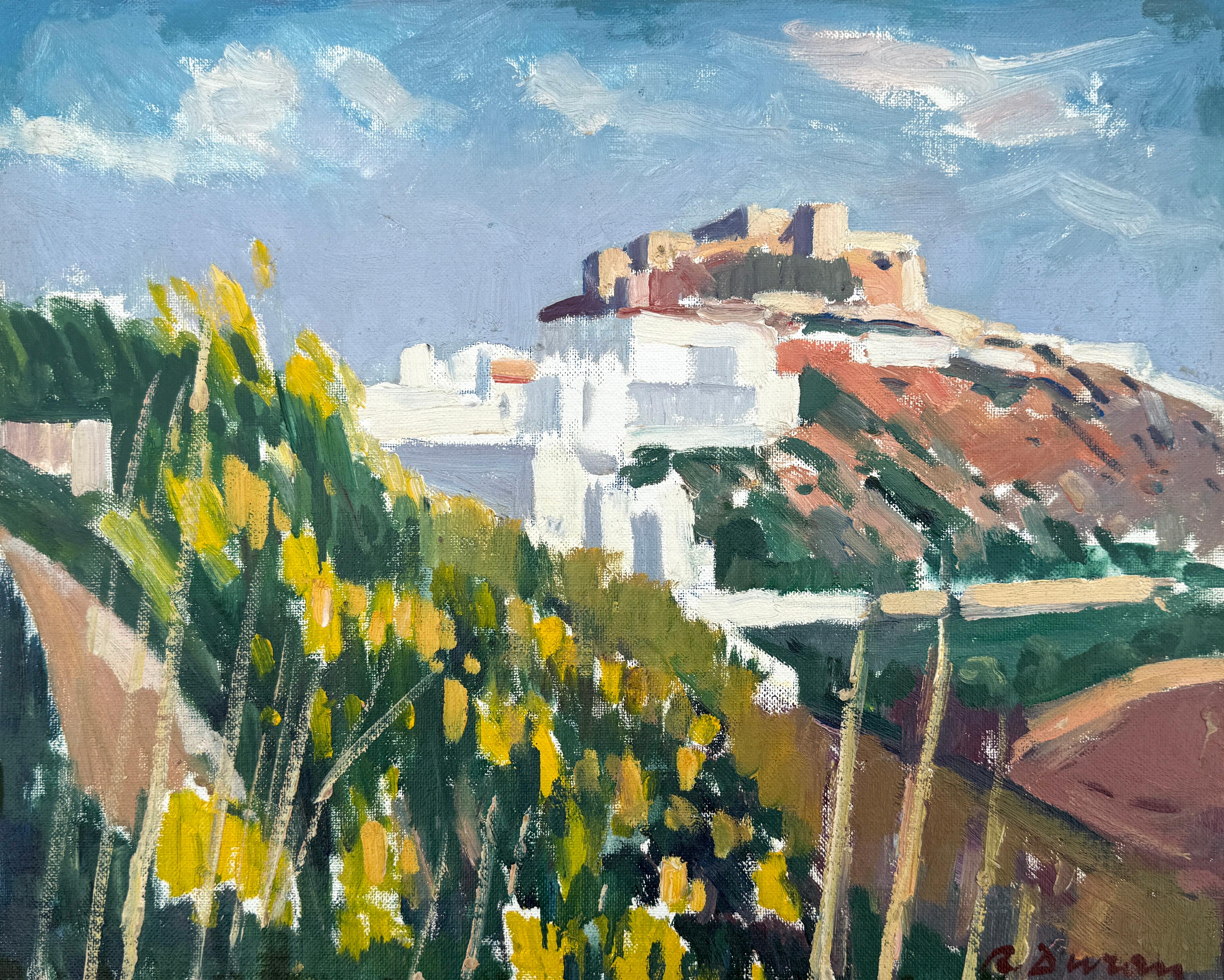 Pueblo Mediterráneo pintura al óleo paisaje español