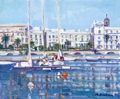 Mid Century Barcelona Harbor Sailboats Mediterranean Impressionist Oil Painting