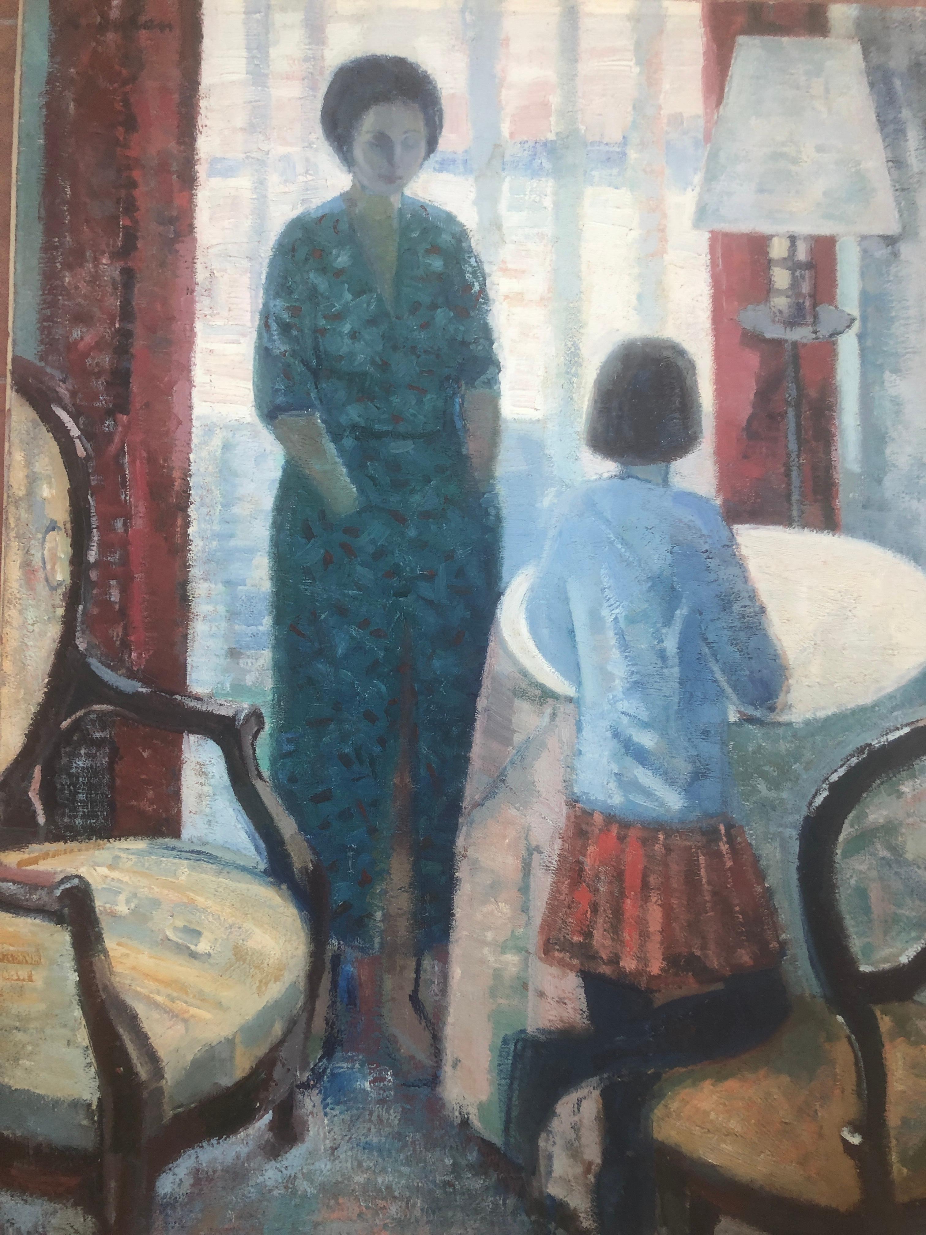 Mother and daughterr oil on canvas painting interior For Sale 3