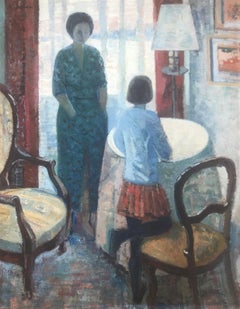 Mère et fille huile sur toile peinture intérieure