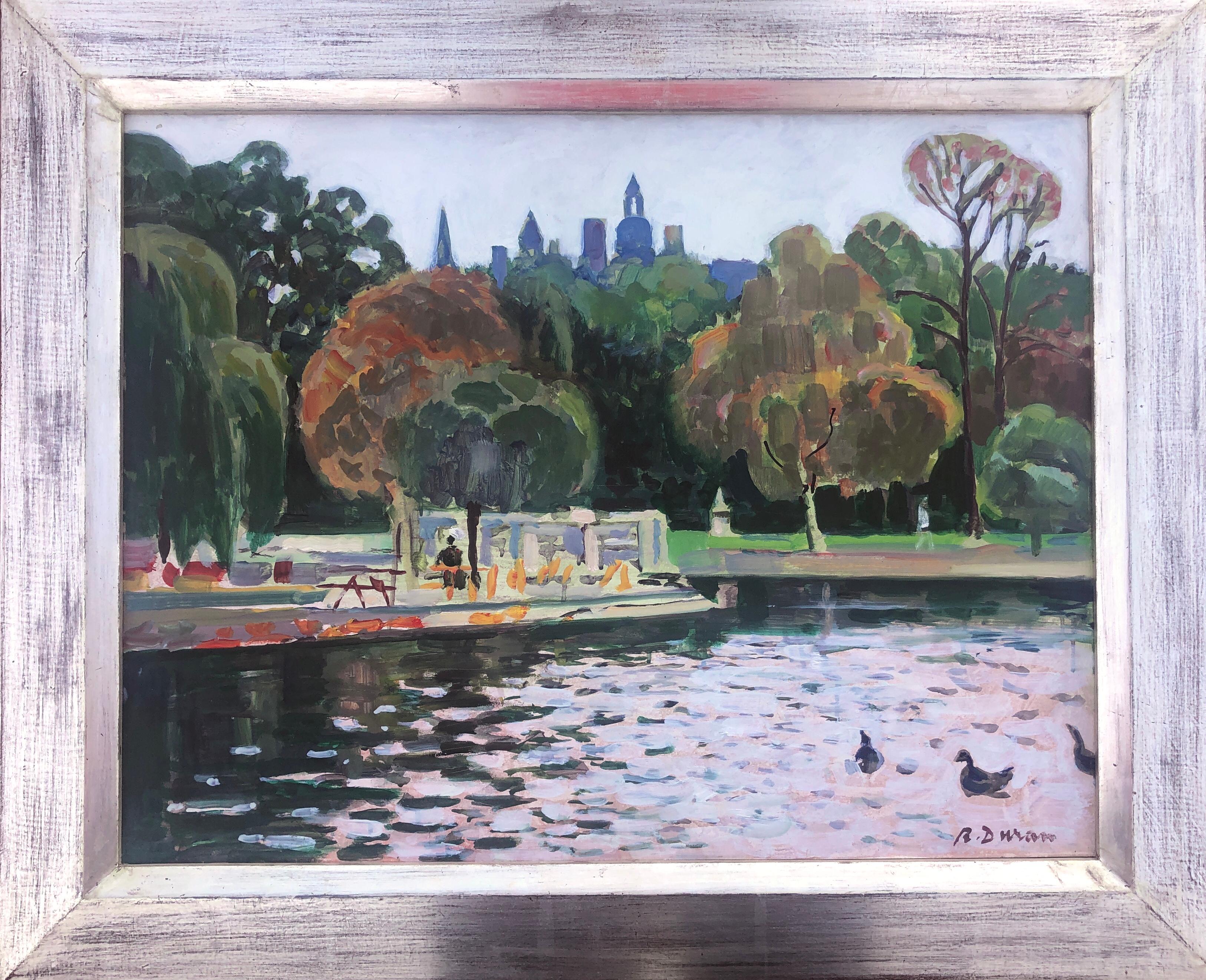 Park with lake oil painting european art seascape urbanscape - Painting by Rafael Duran Benet