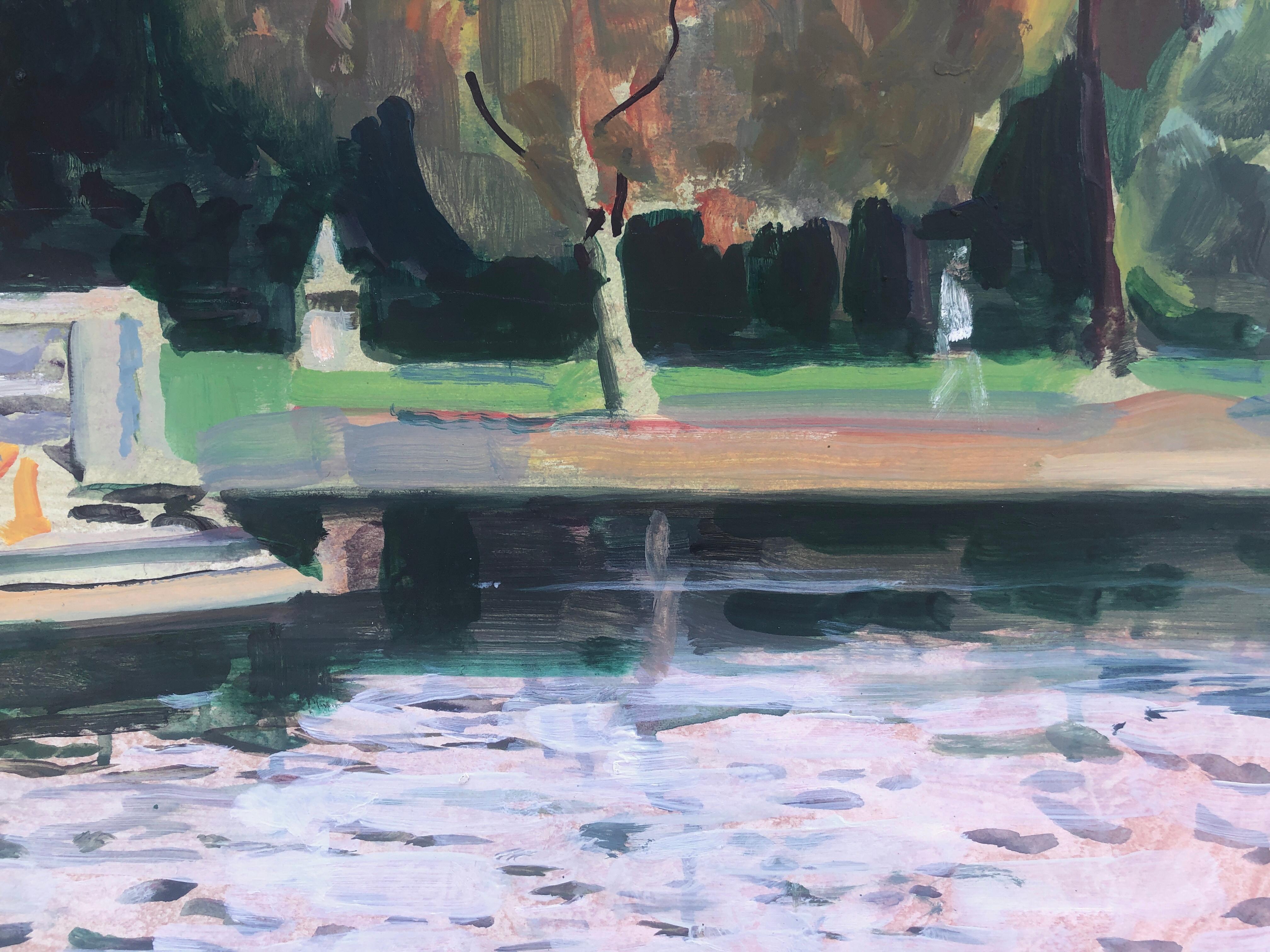 Park with lake oil painting european art seascape urbanscape - Black Figurative Painting by Rafael Duran Benet