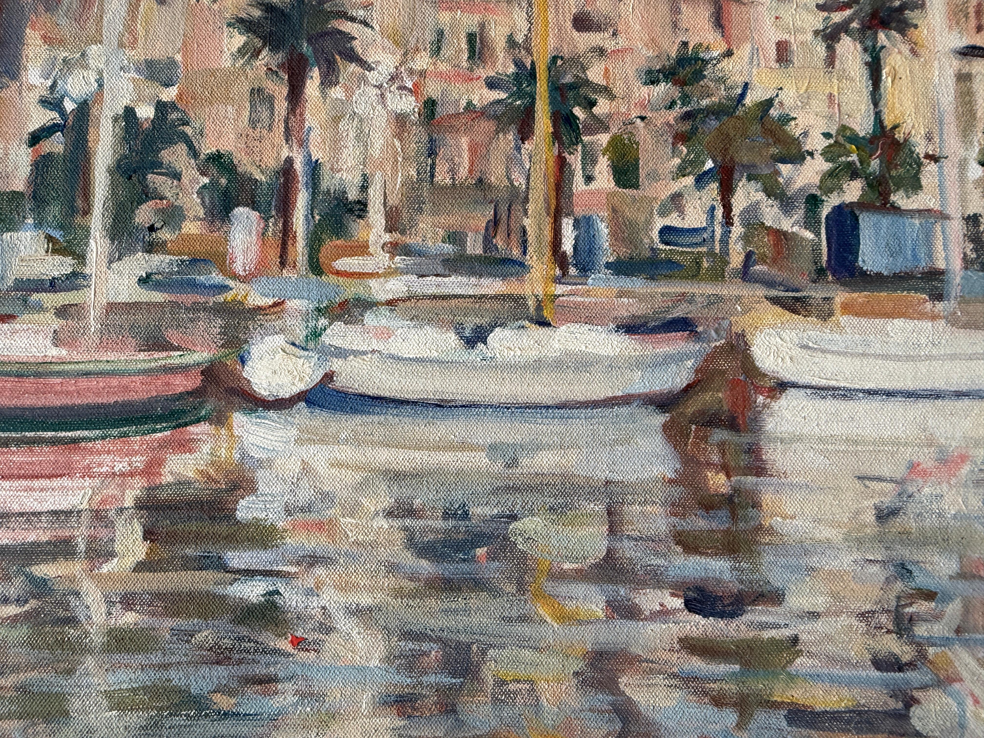 Port de Barcelone Espagne peinture à l'huile paysage marin méditerranéen - Post-impressionnisme Painting par Rafael Duran Benet