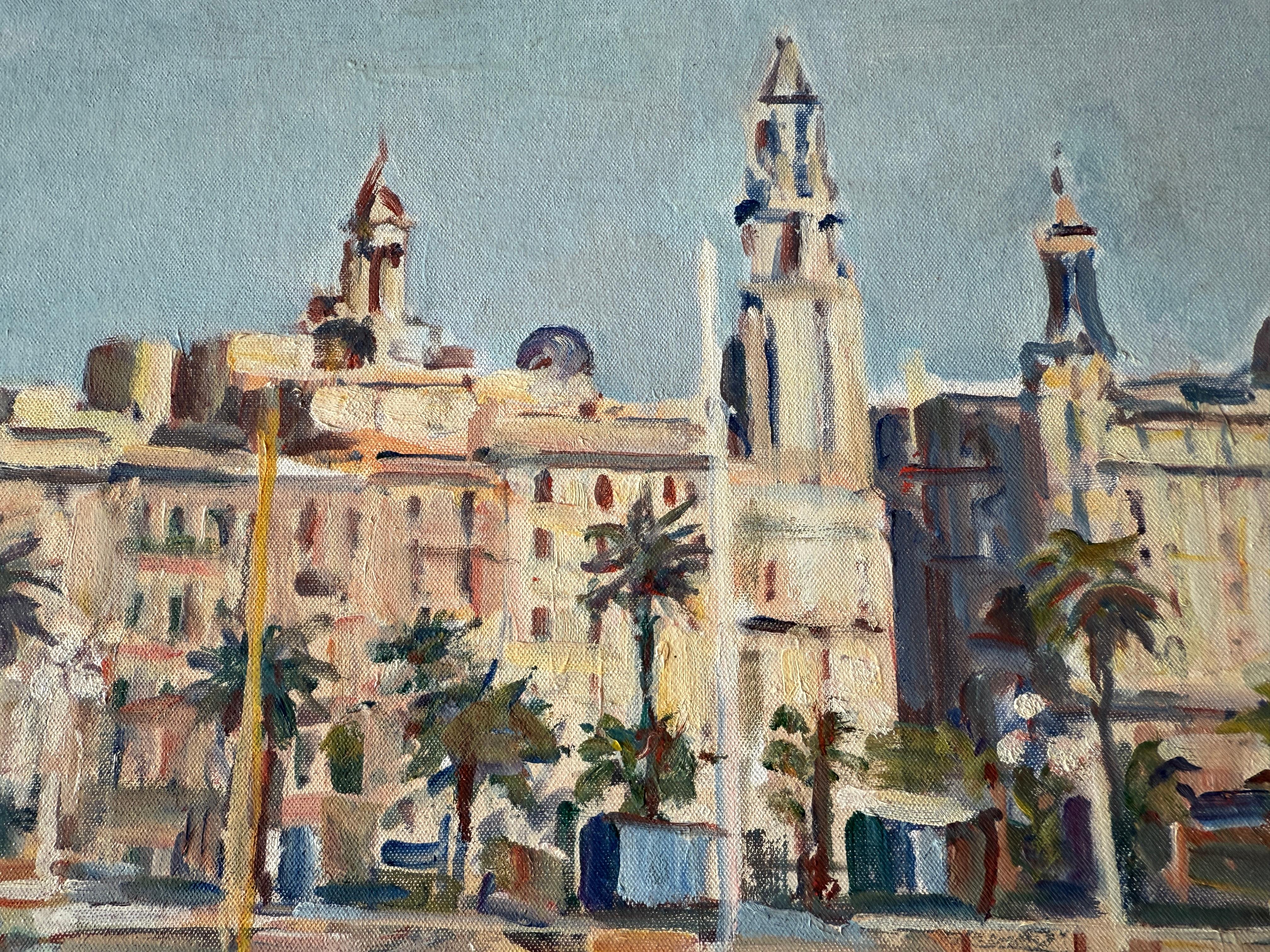 Port de Barcelone Espagne peinture à l'huile paysage marin méditerranéen - Gris Landscape Painting par Rafael Duran Benet