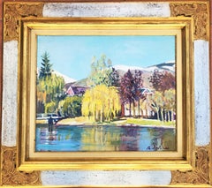 Colorful Lake Landscape with Reflections Post-Impressionist European Oil