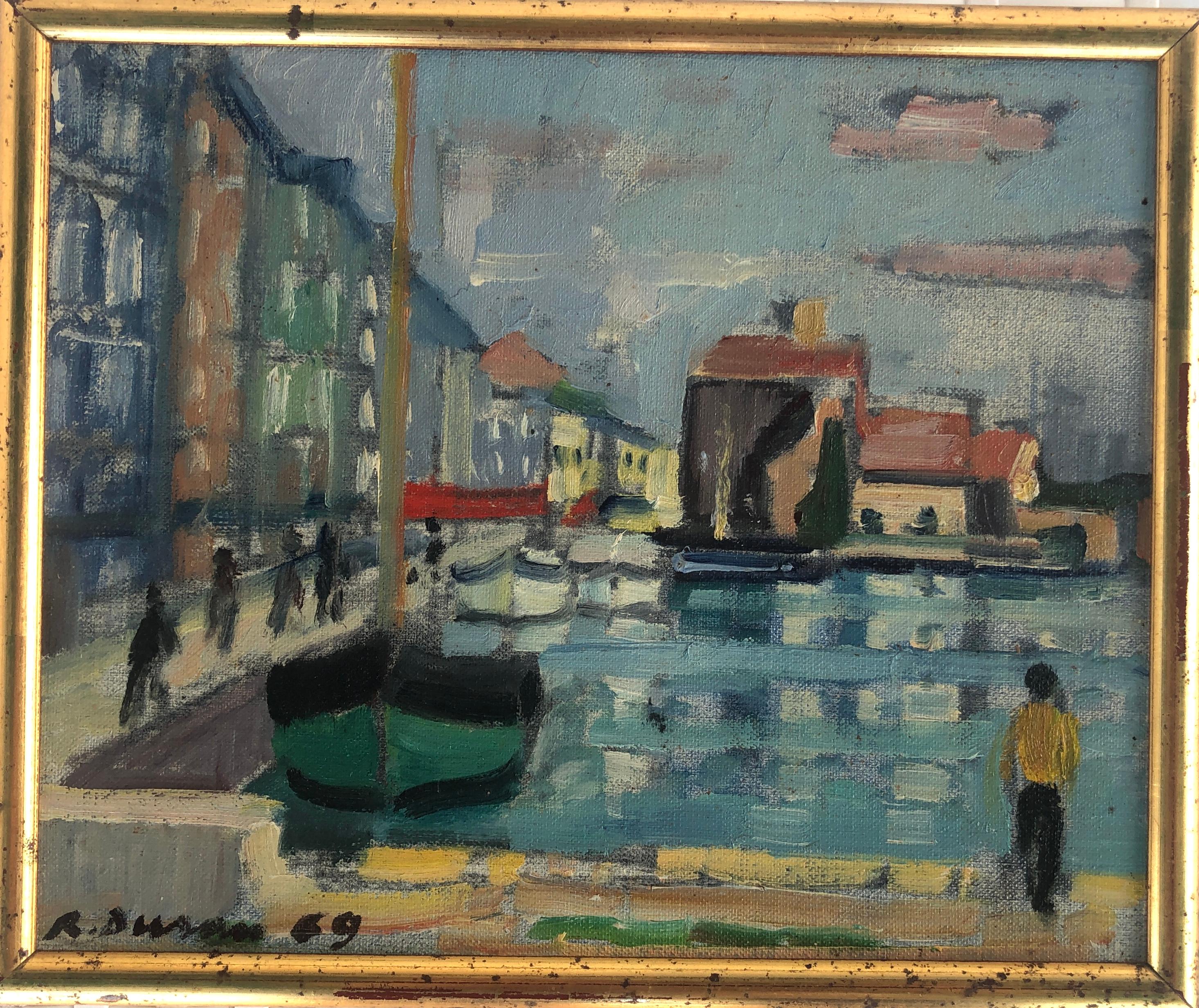 Port fluvial peinture à l'huile art européen paysage marin paysage urbain France - Painting de Rafael Duran Benet
