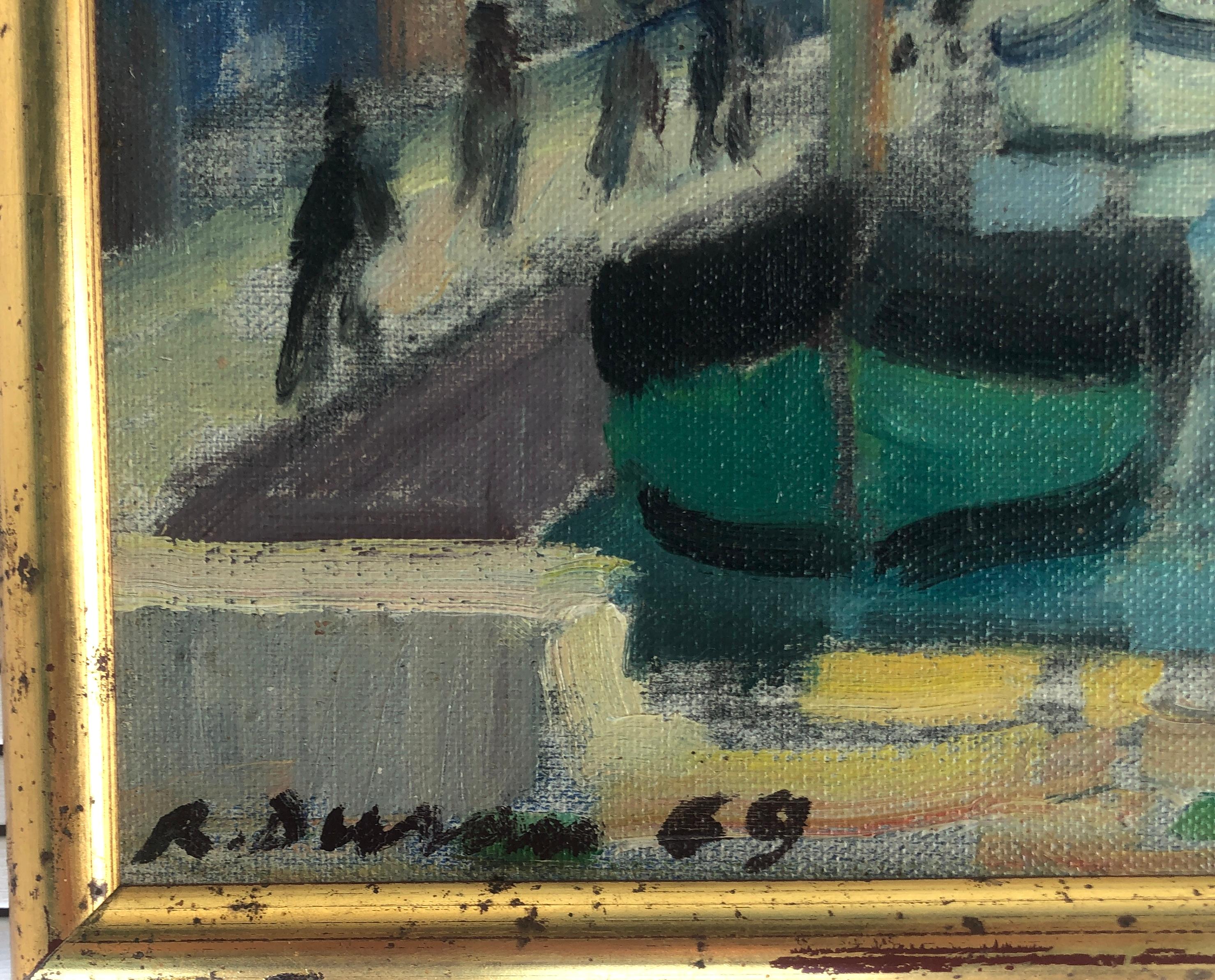 Port fluvial peinture à l'huile art européen paysage marin paysage urbain France - Post-impressionnisme Painting par Rafael Duran Benet