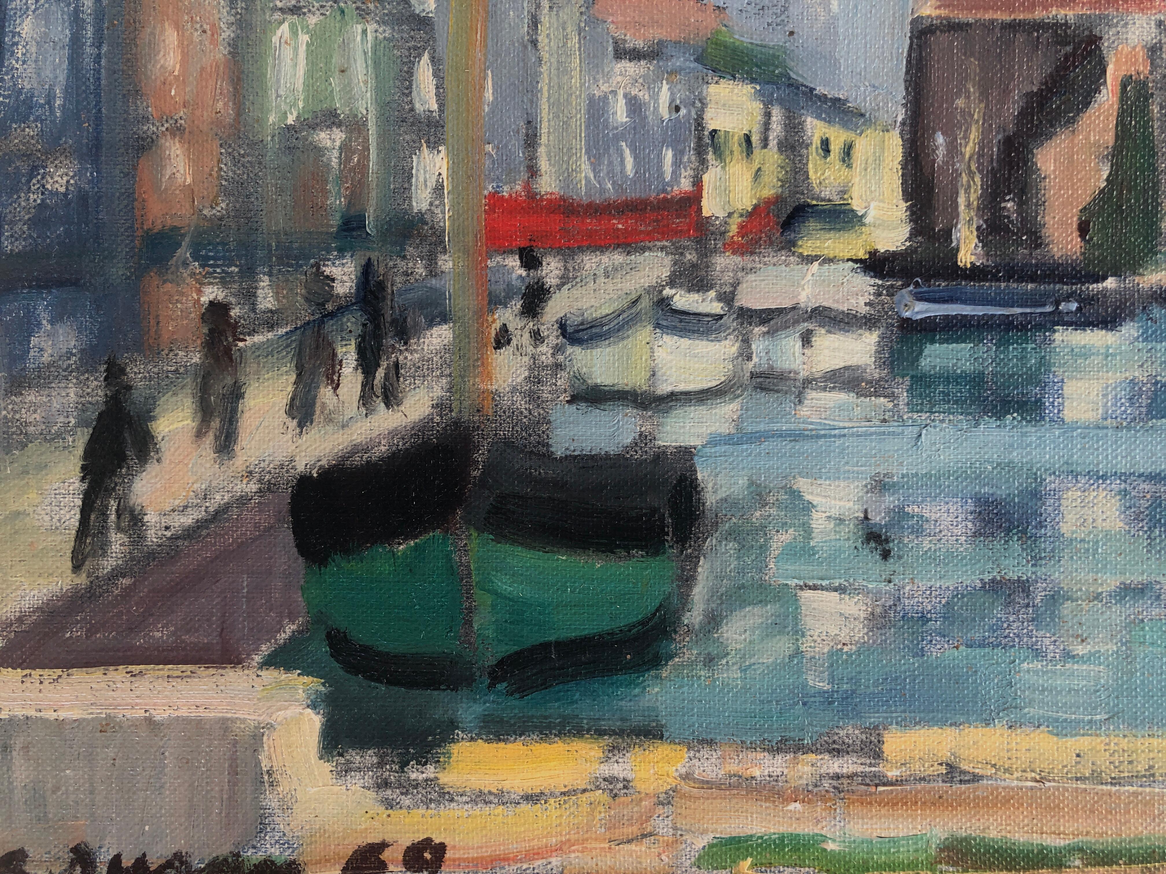 Port fluvial peinture à l'huile art européen paysage marin paysage urbain France - Gris Landscape Painting par Rafael Duran Benet