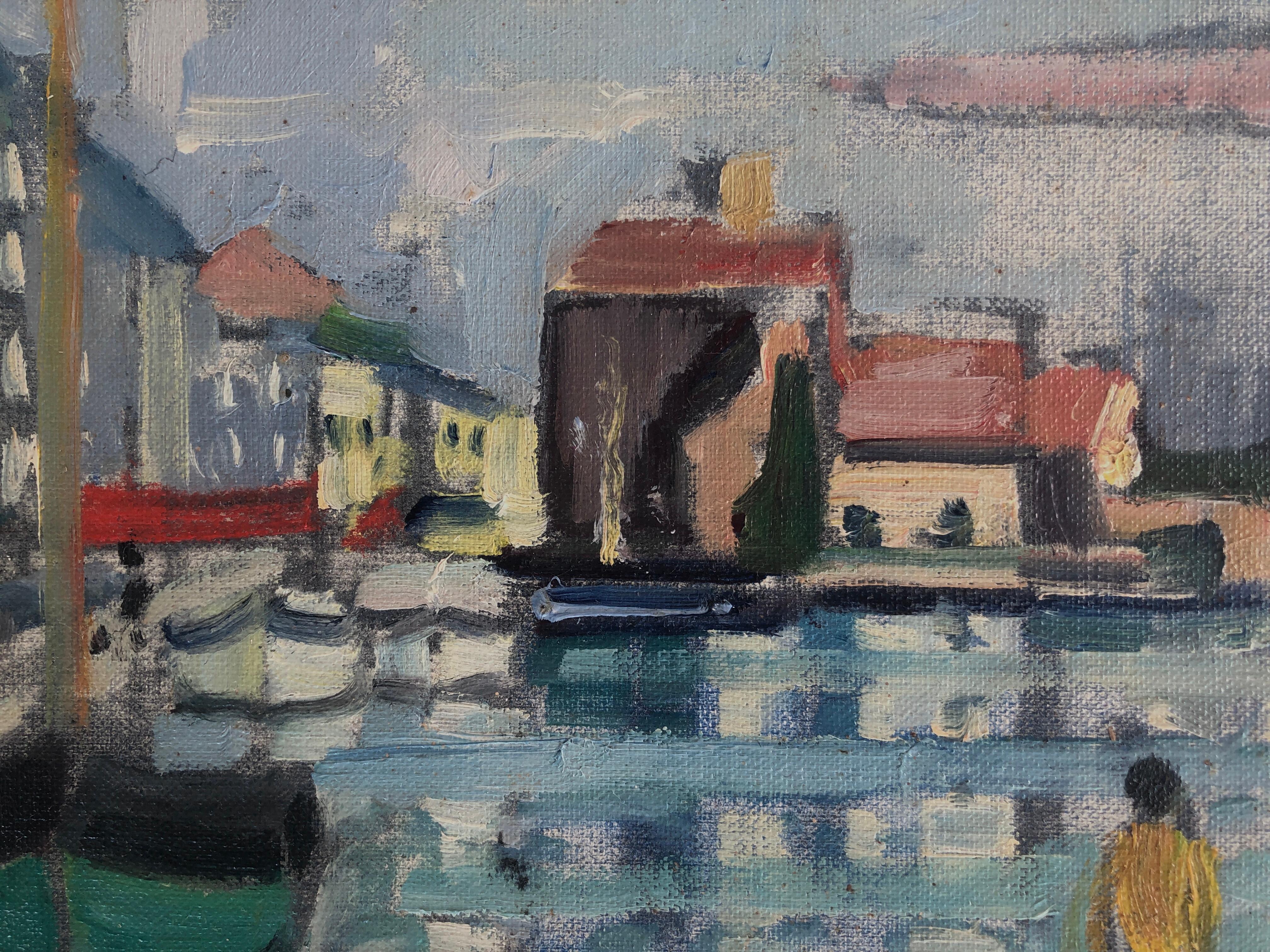 Port fluvial peinture à l'huile art européen paysage marin paysage urbain France en vente 1