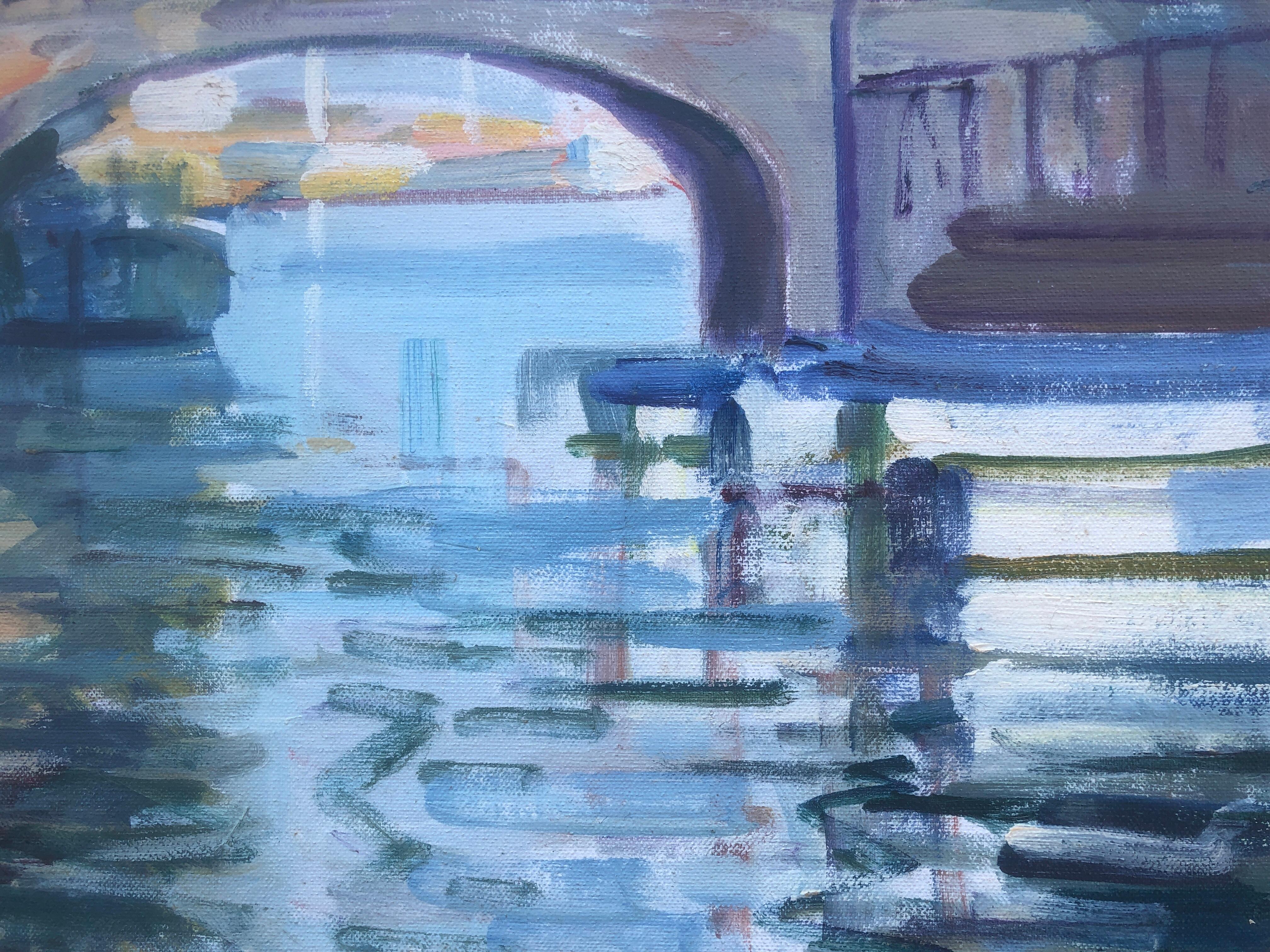 Fluss mit Brücke Frankreich Ölgemälde Meereslandschaft Landschaft Französisch (Post-Impressionismus), Painting, von Rafael Duran Benet