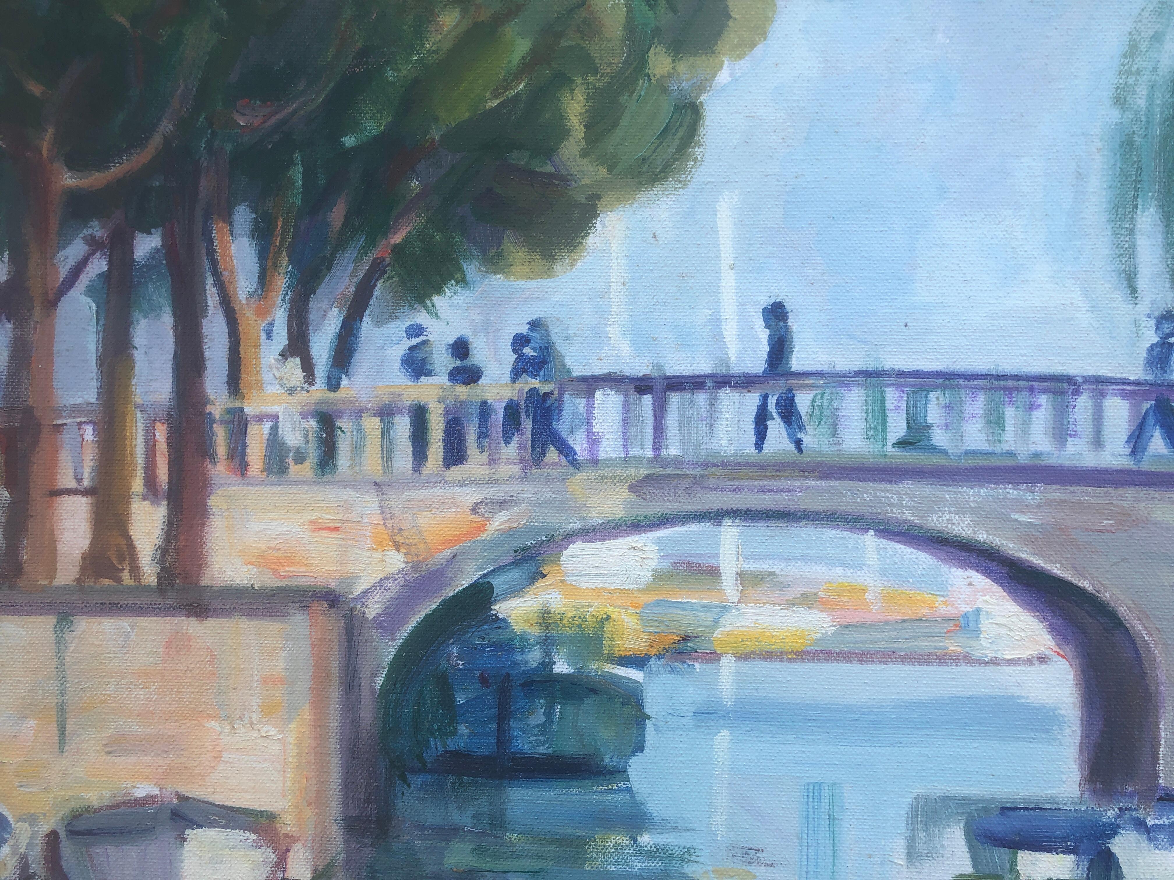 Río con puente Francia pintura al óleo paisaje marino paisaje francés - Figurative Painting Gris de Rafael Duran Benet