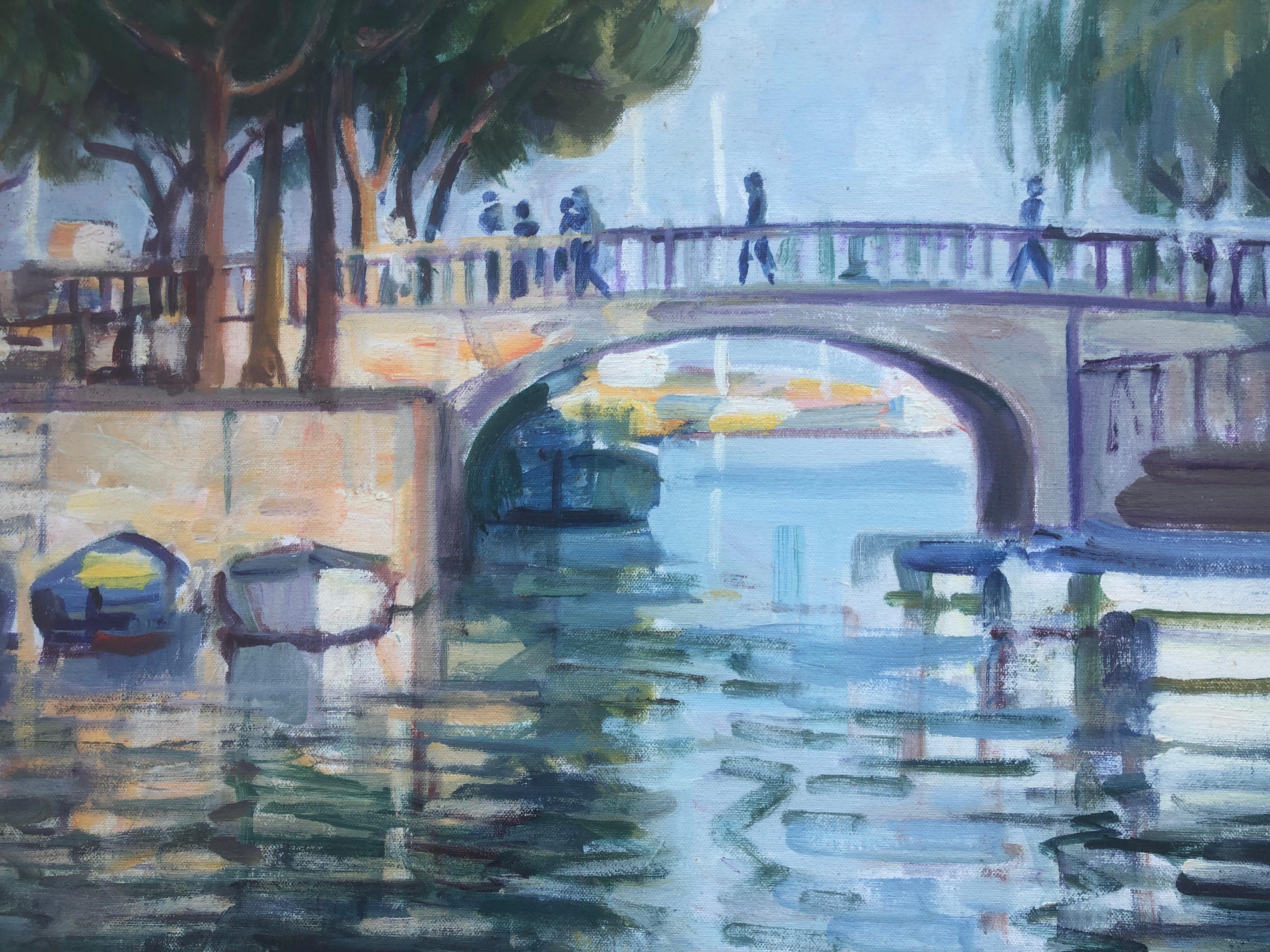 Rivière avec pont France peinture à l'huile paysage marin paysage français en vente 3