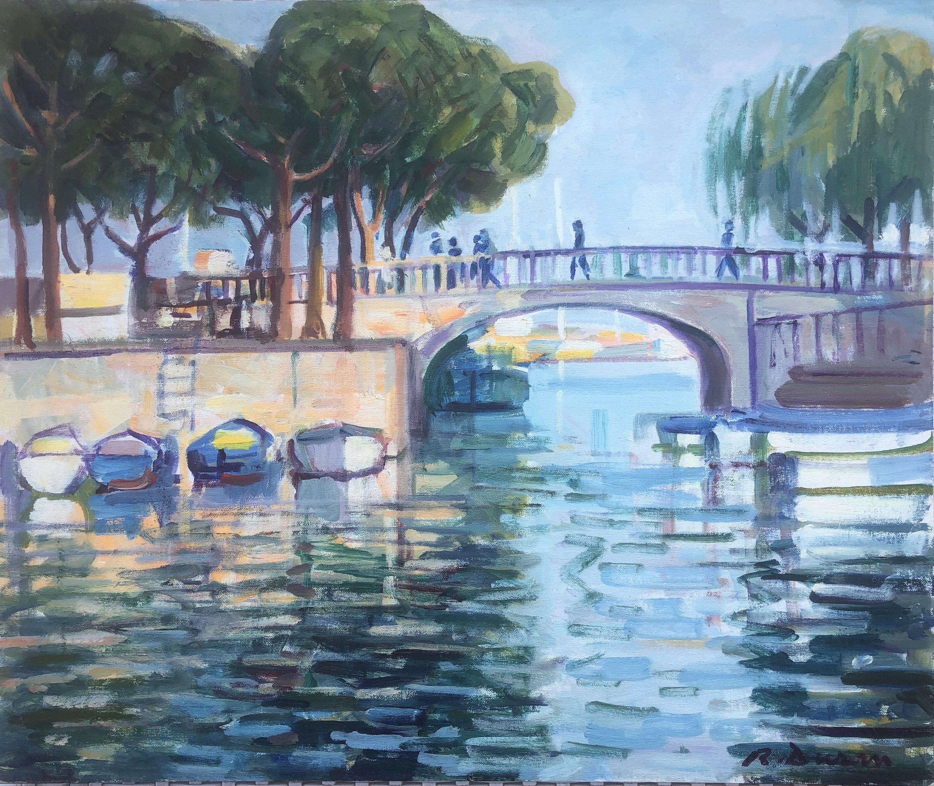 Rafael Duran Benet Figurative Painting – Fluss mit Brücke Frankreich Ölgemälde Meereslandschaft Landschaft Französisch