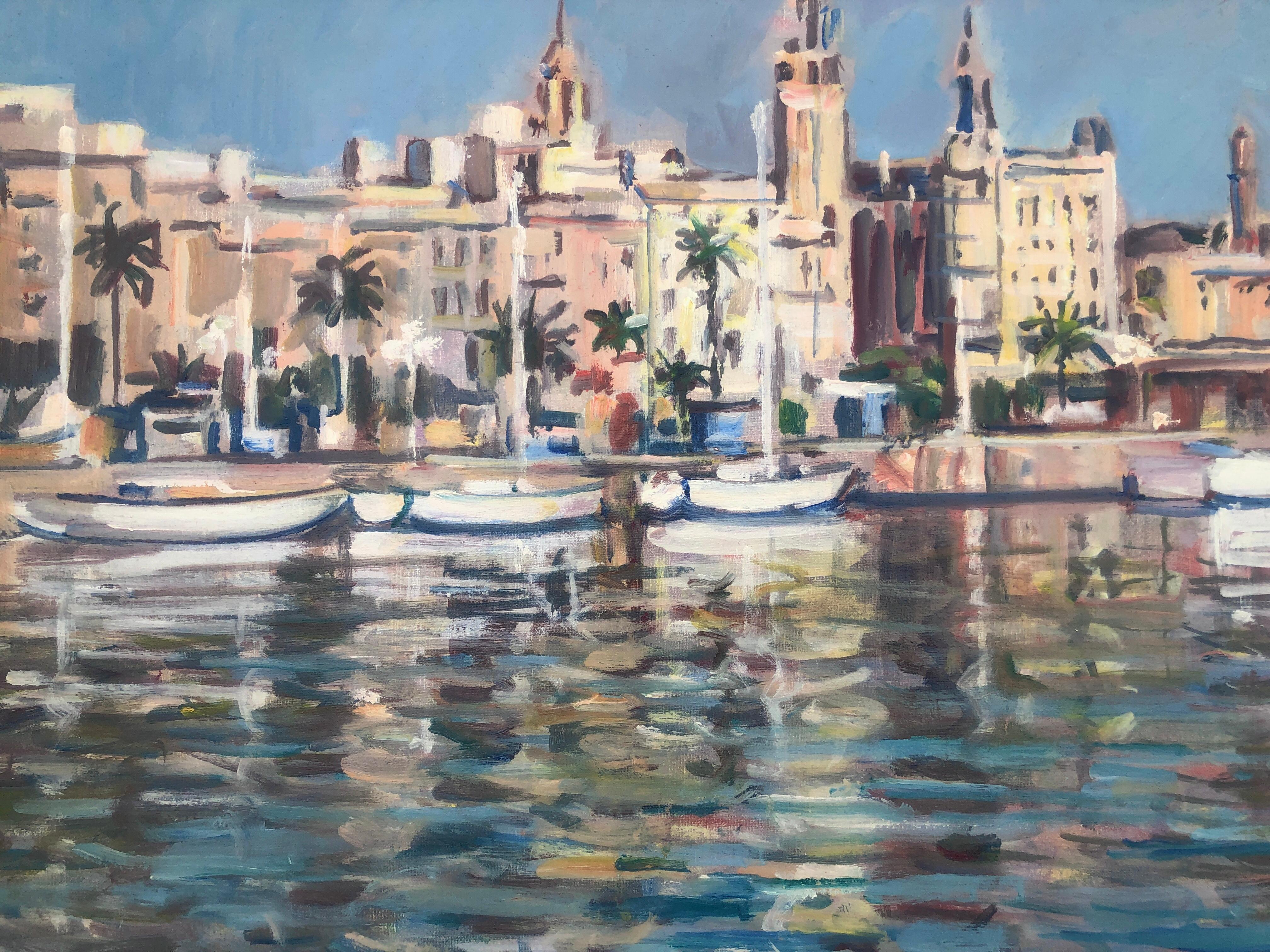 Seville from the Guadalquivir Spain oil painting spanish seascape - Gray Landscape Painting by Rafael Duran Benet