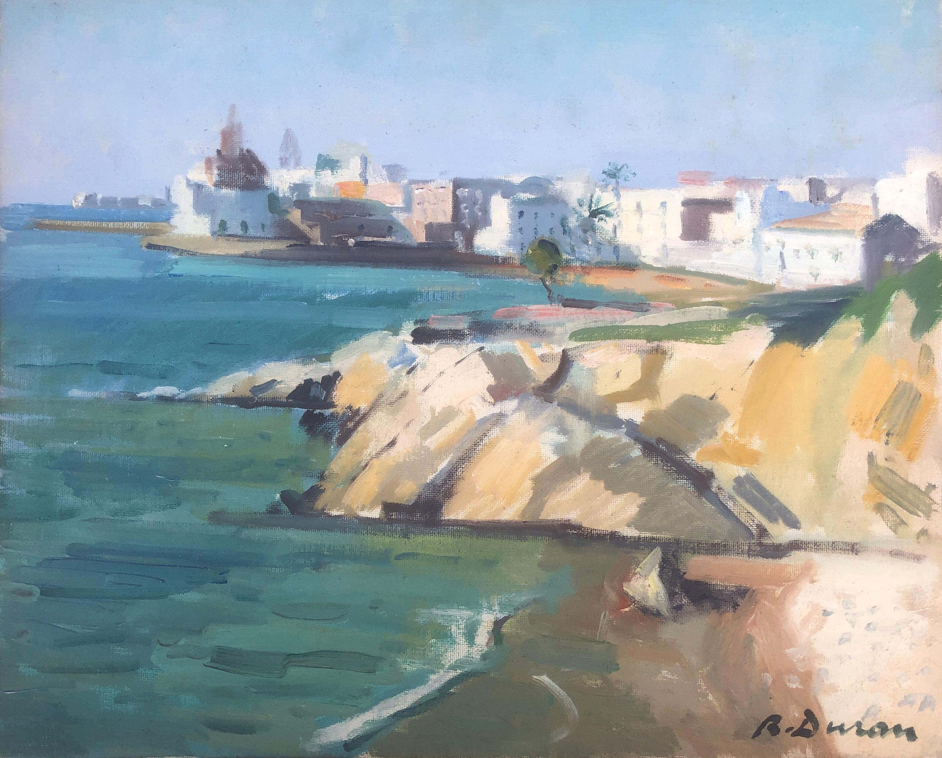 Landscape Painting Rafael Duran Benet - Sitges Espagne peinture à l'huile paysage marin paysage urbain