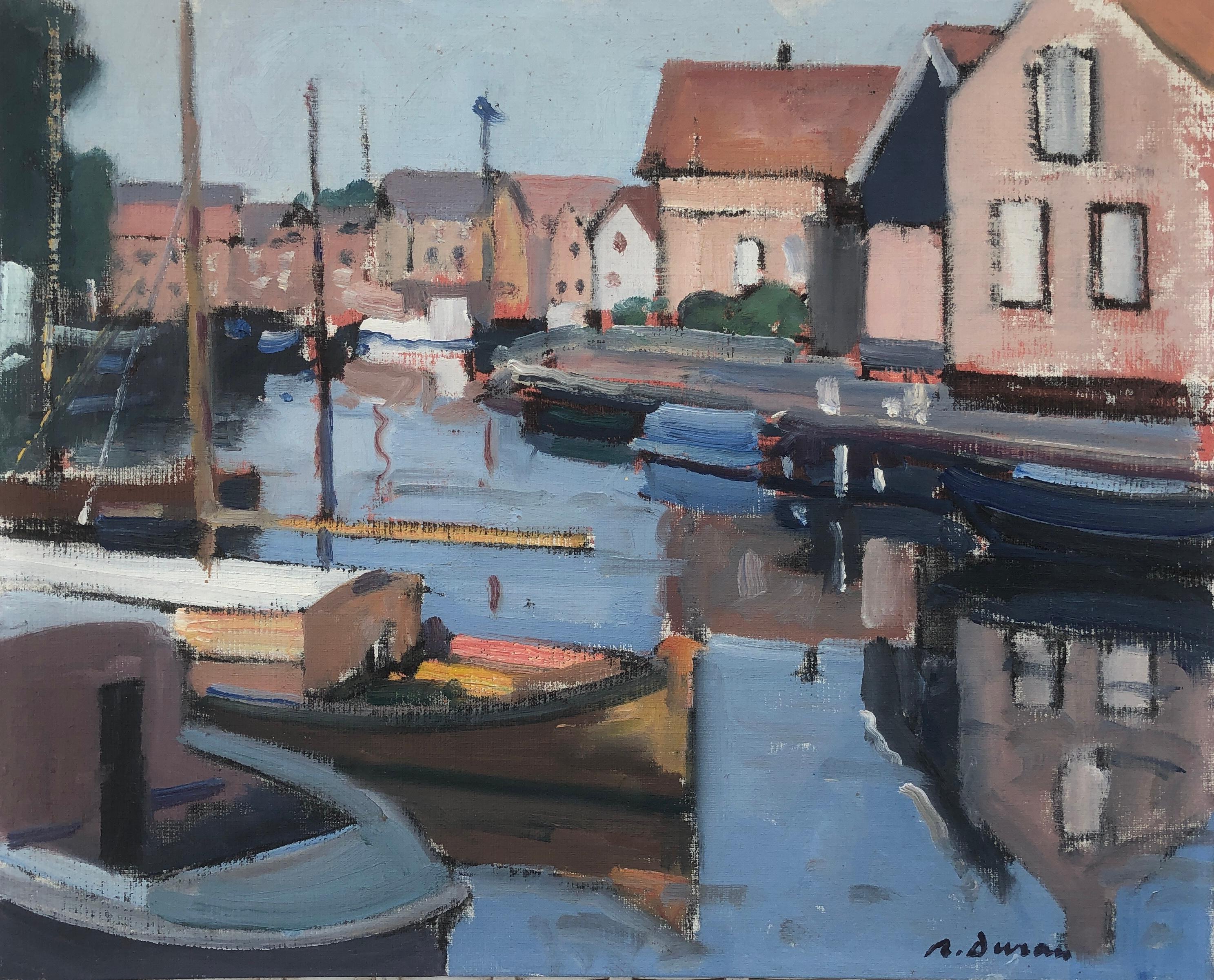Landscape Painting Rafael Duran Benet - Spakenburg Pays-Bas peinture à l'huile paysage marin paysage urbain