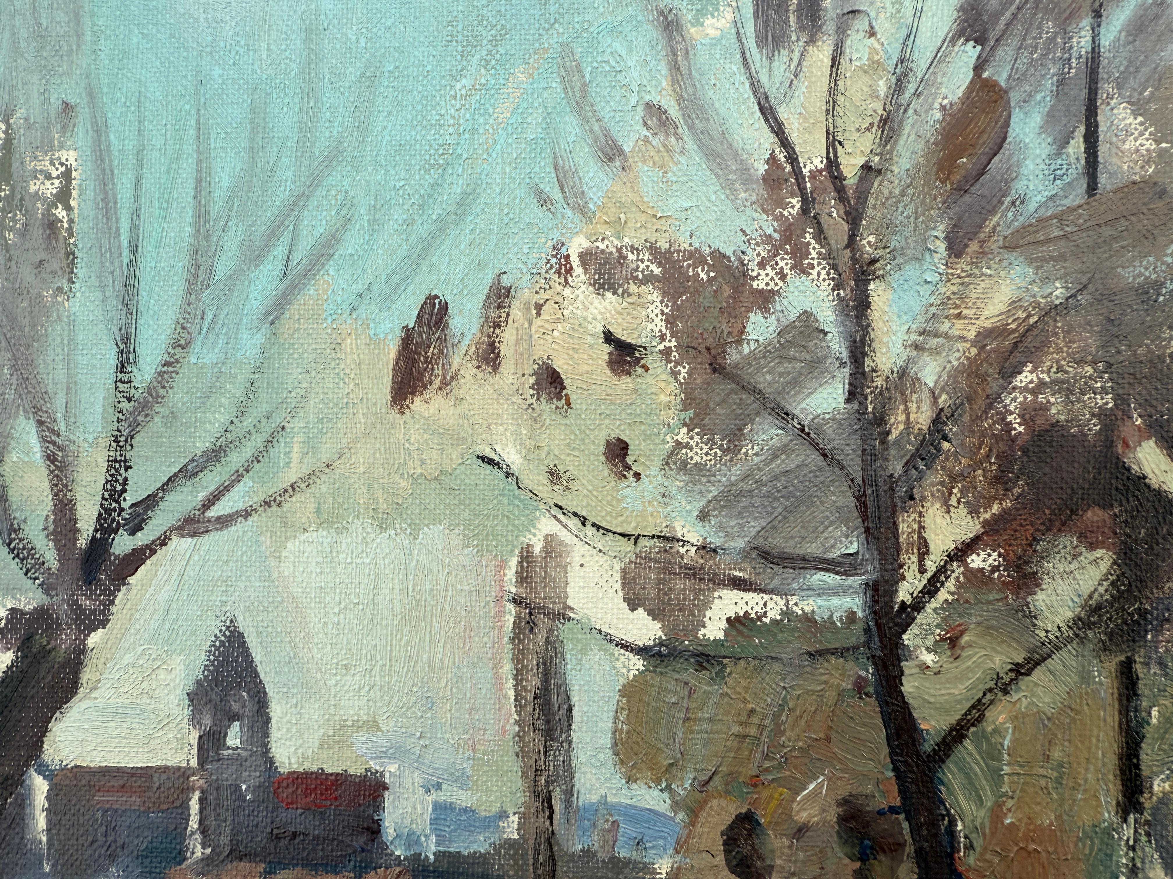 Villaggio spagnolo con chiesa pittura a olio arte europea - Landscape Painting Grigio di Rafael Duran Benet